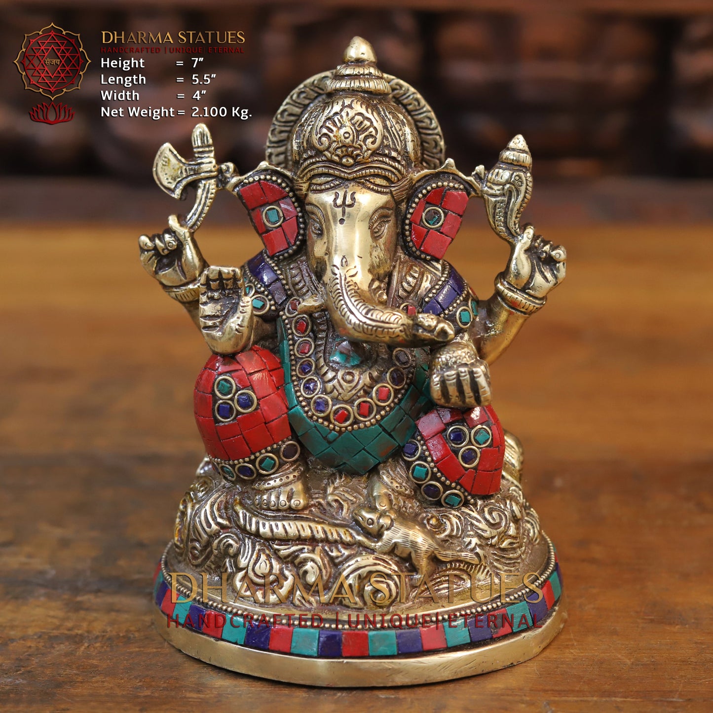 Brass Ganesh seated with rat in Circular base, Golden & Stone work, 7”