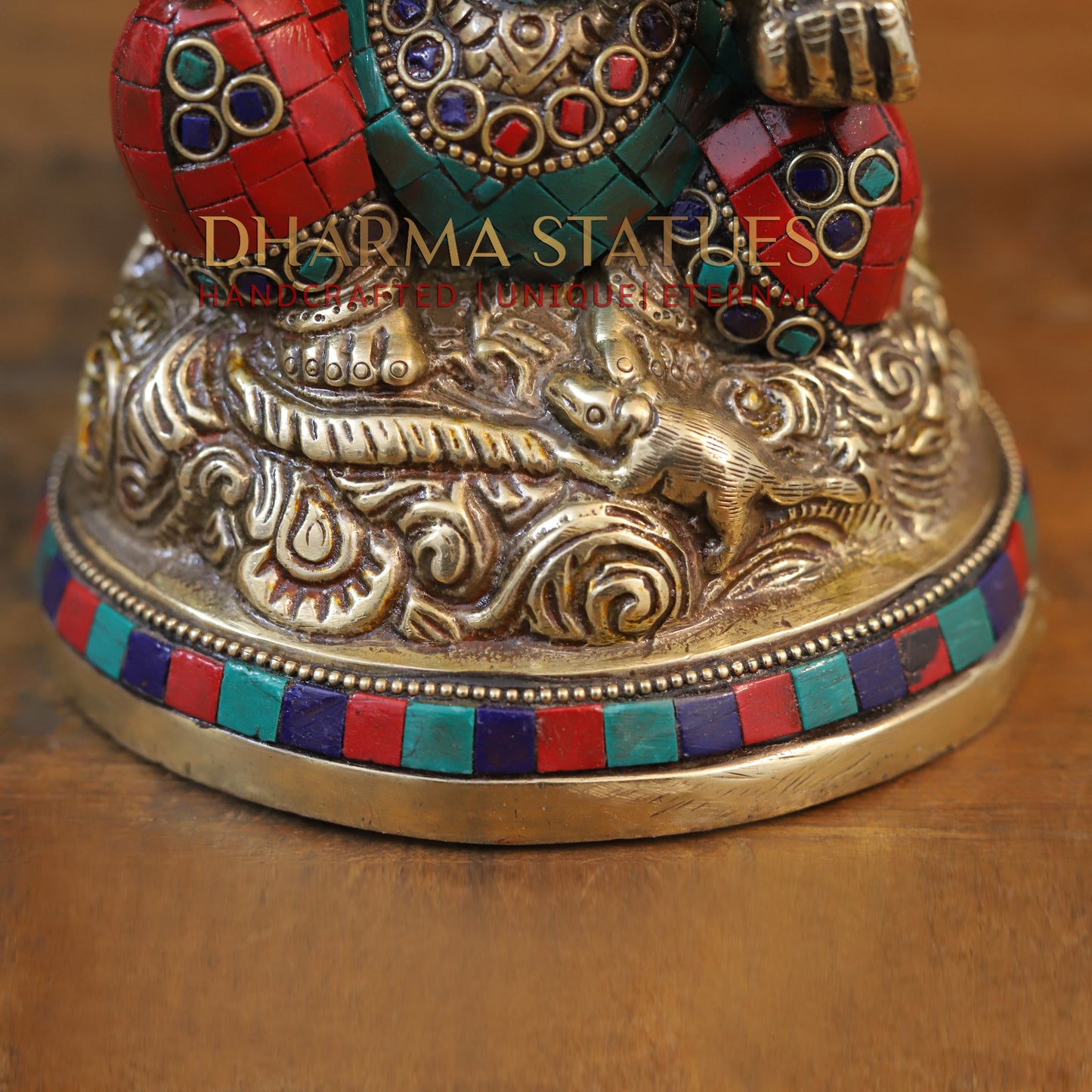 Brass Ganesh seated with rat in Circular base, Golden & Stone work, 7”