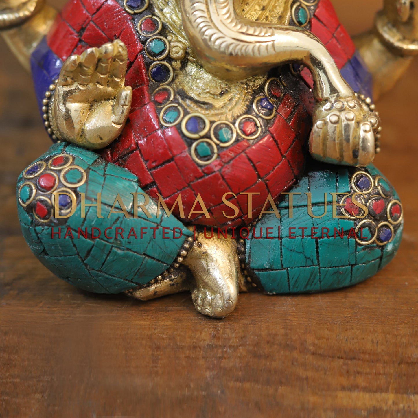 Brass Ganesh seated with tilted neck, Golden & Stone work, 5.5"