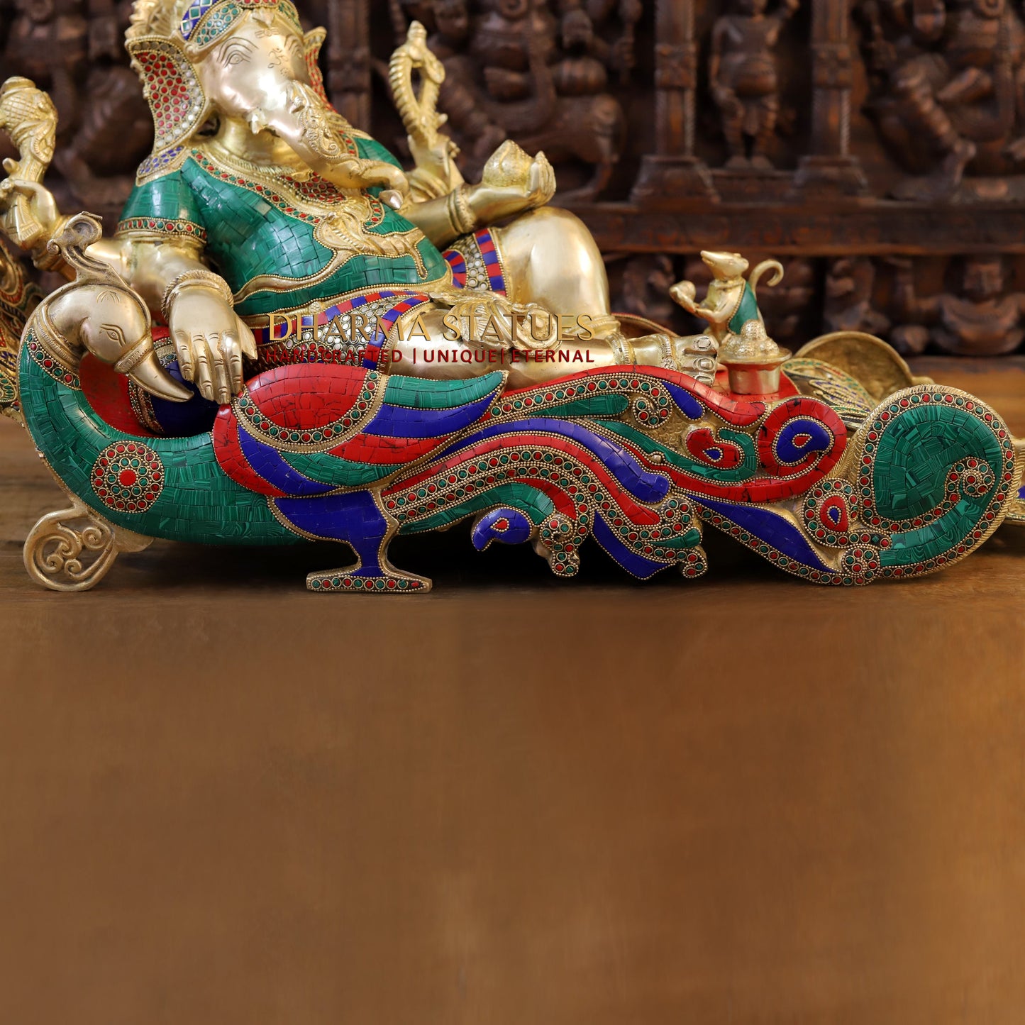 Brass Resting Ganesh, Stonework & Golden Finish, 16"