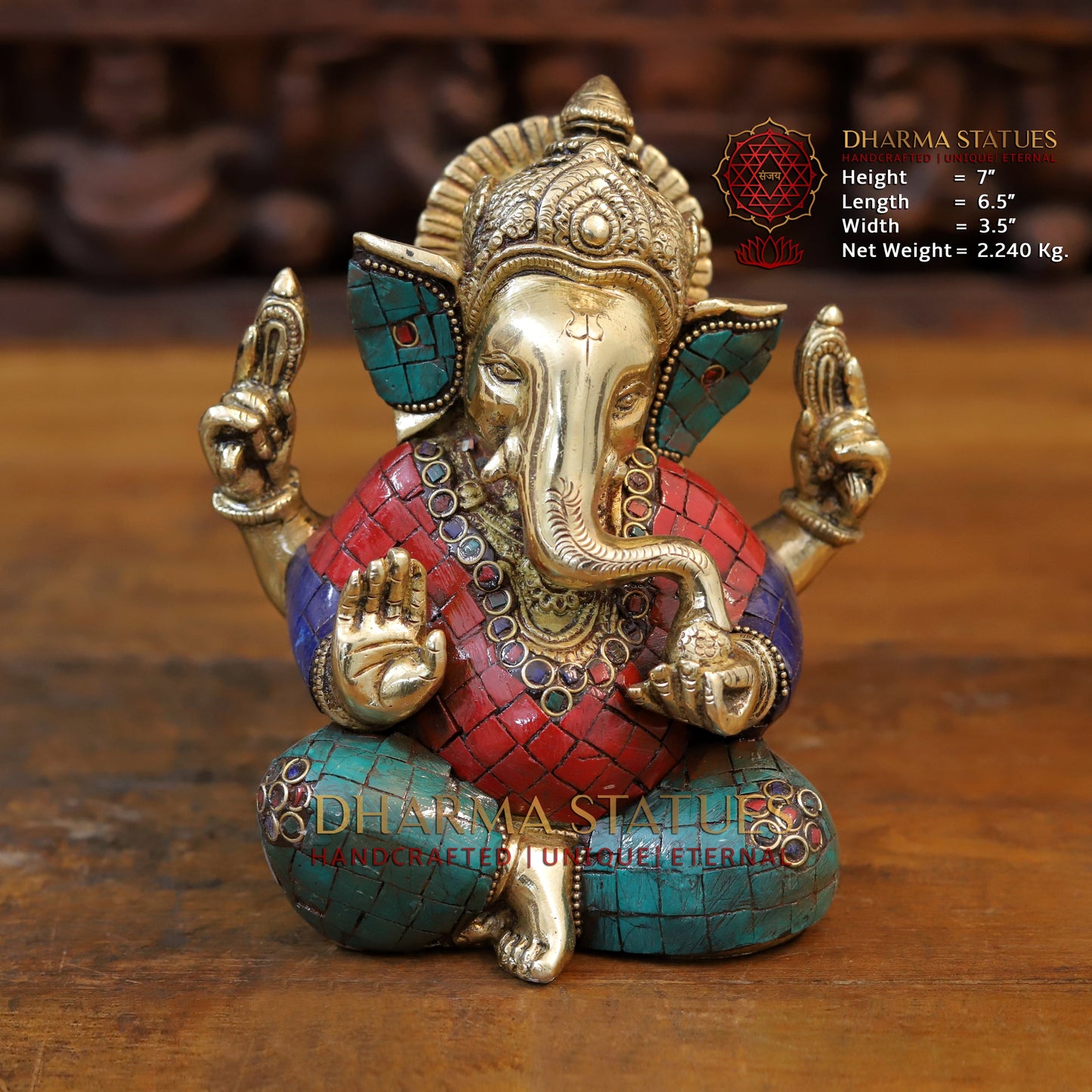 Brass Ganesh seated with tilted neck, Golden & Stone work, 7"