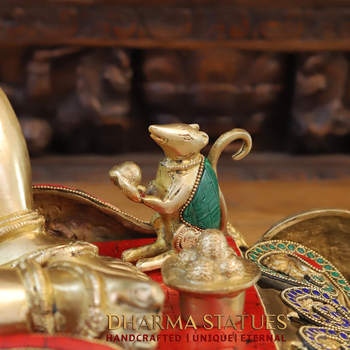 Brass Resting Ganesh, Stonework & Golden Finish, 16"