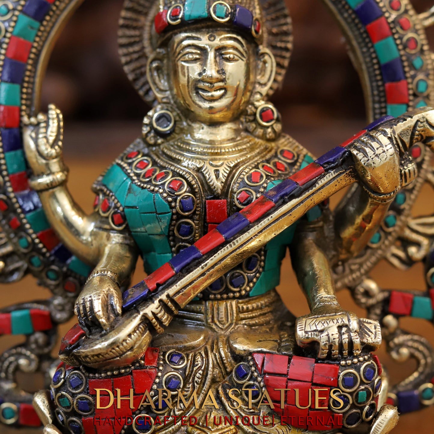 Brass Saraswati Statue seated on lotus, Golden & Stonework, 9.5"