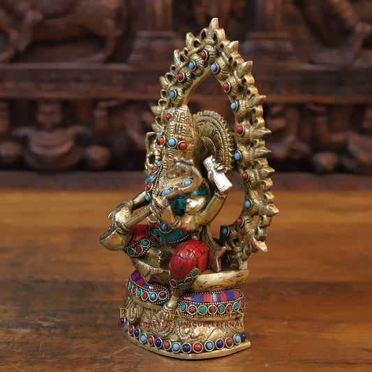 Brass Saraswati Seated, Golden & Stonework, 10.5"