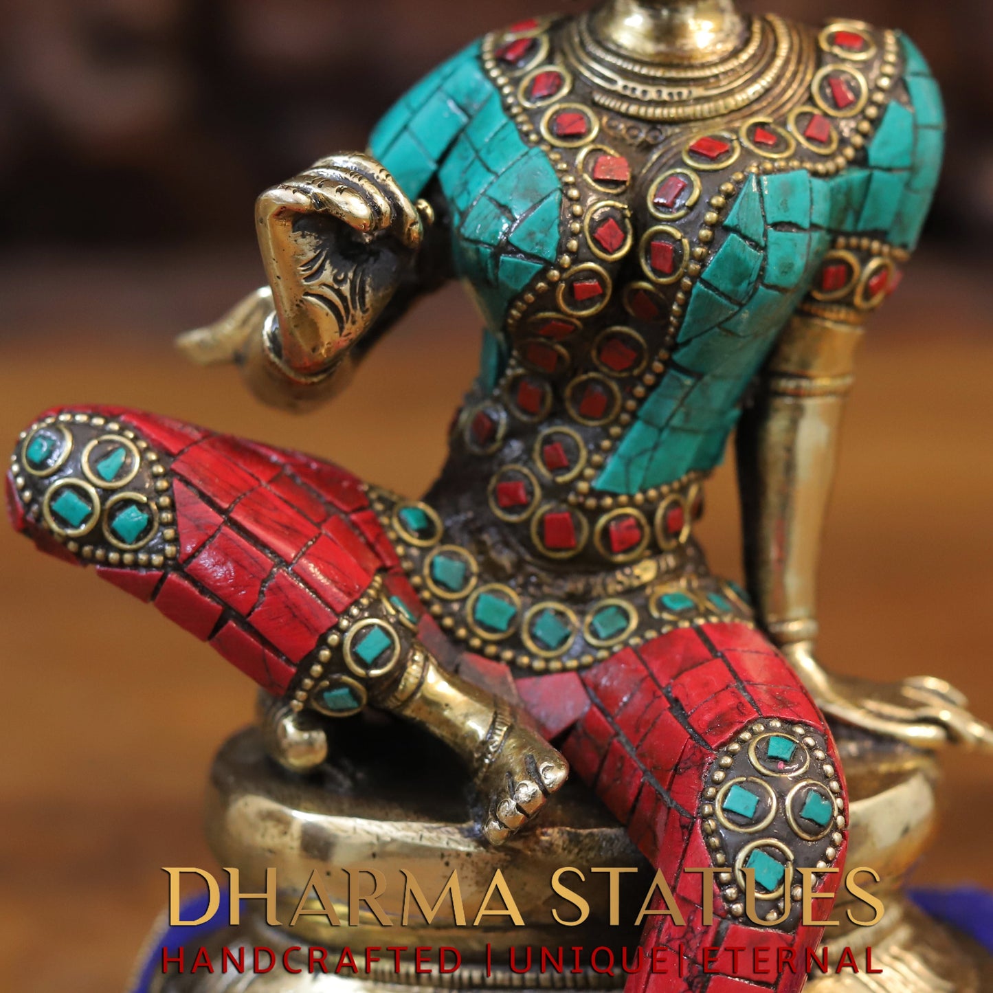 Brass Devi Parwati in Abhaya Mudra, Golden & Stonework, 9"
