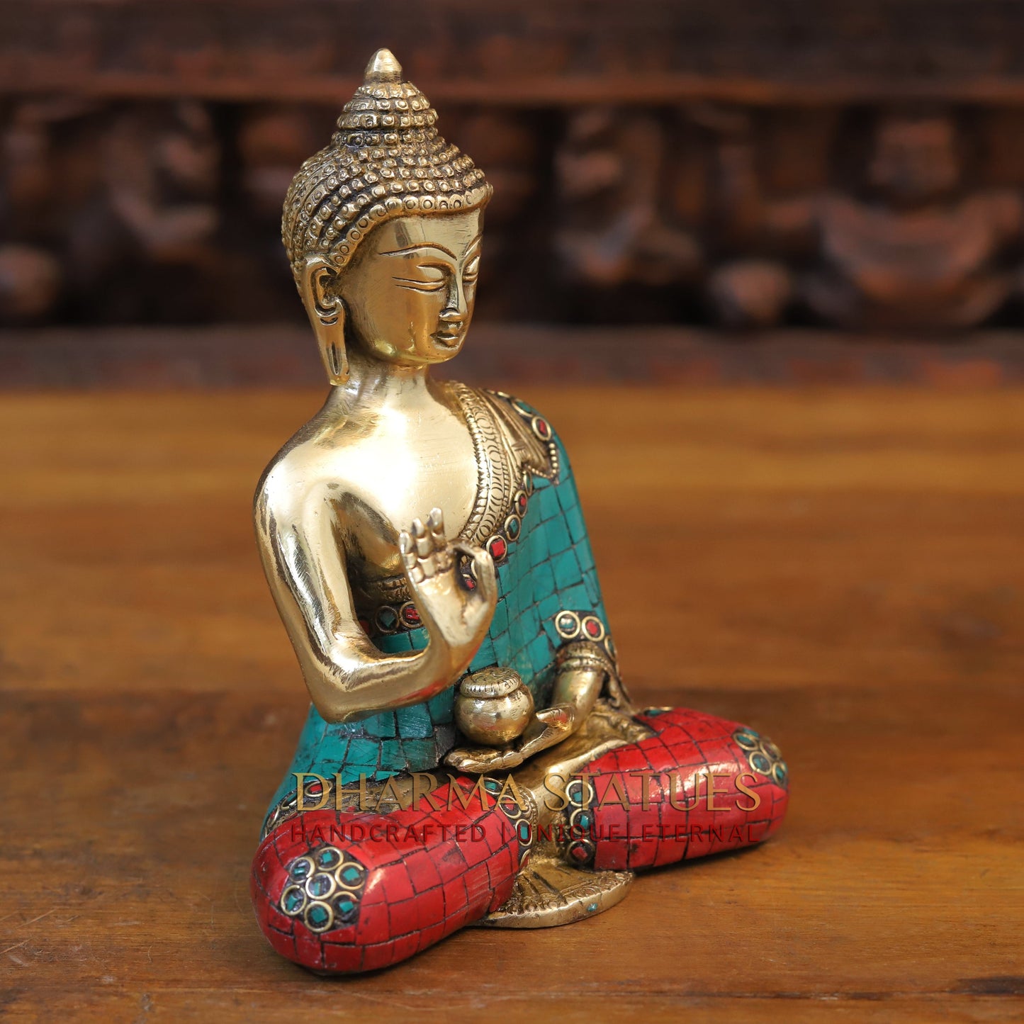 Brass Blessing Buddha, Golden & Stonework, 8"