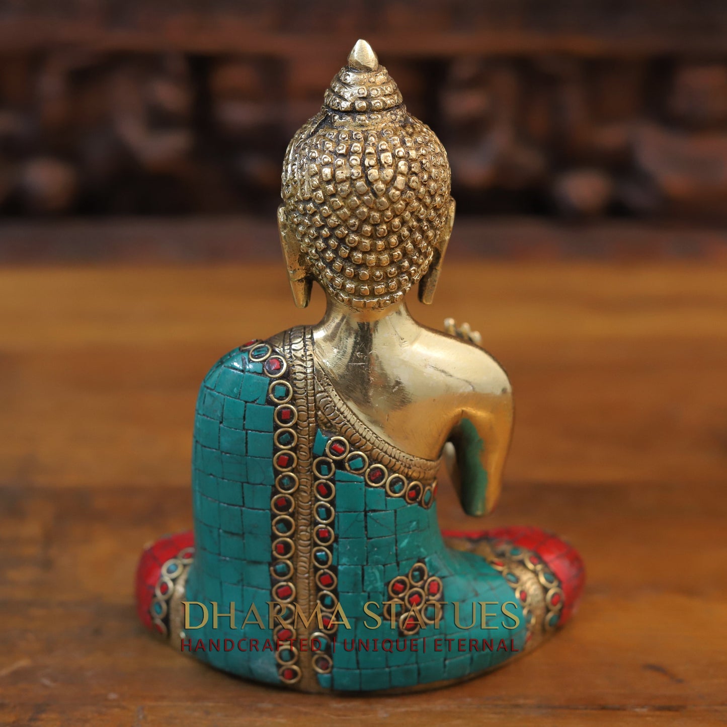 Brass Blessing Buddha, Golden & Stonework, 8"