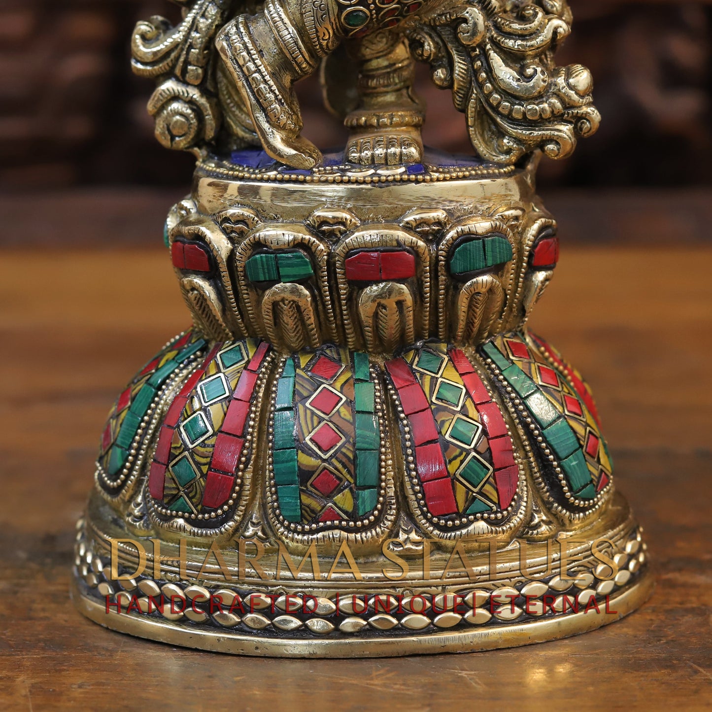 Brass Krishna Statue Playing Flute, Golden Finish & Stonework, 20.5"