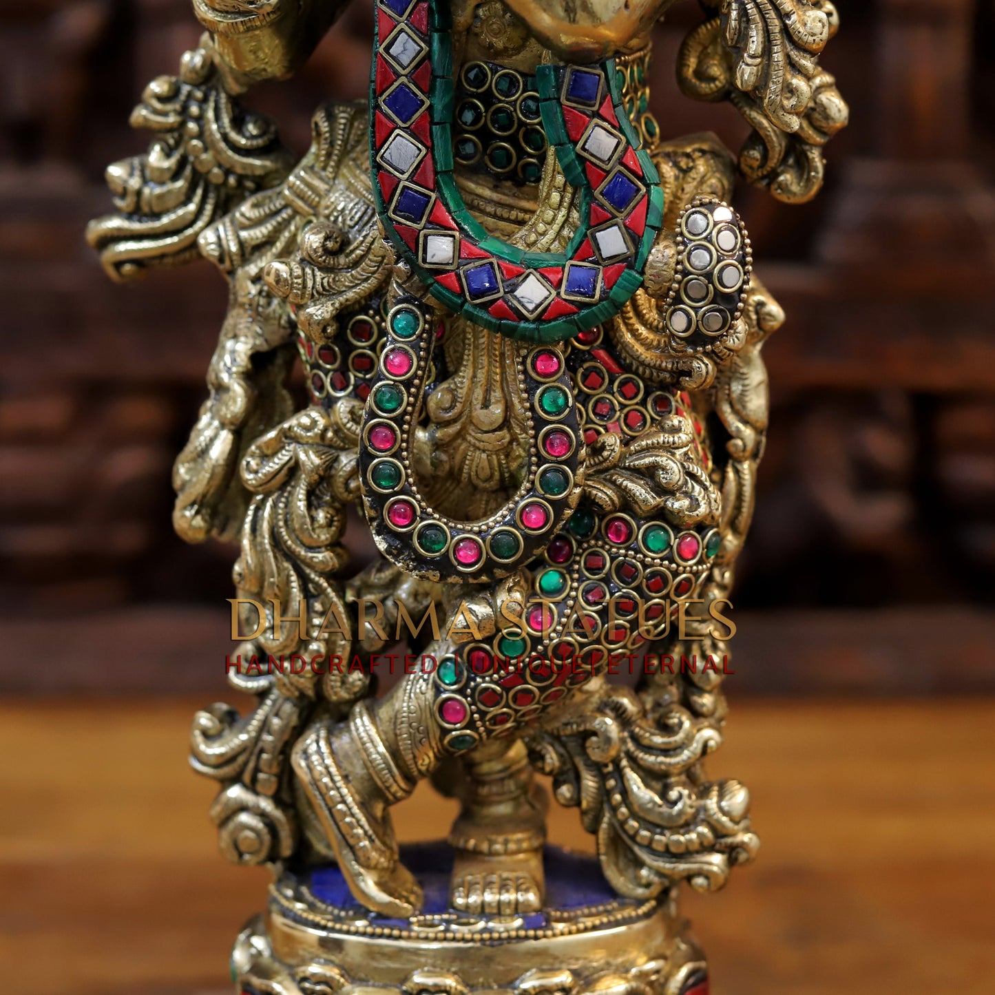 Brass Krishna Statue Playing Flute, Golden Finish & Stonework, 20.5"