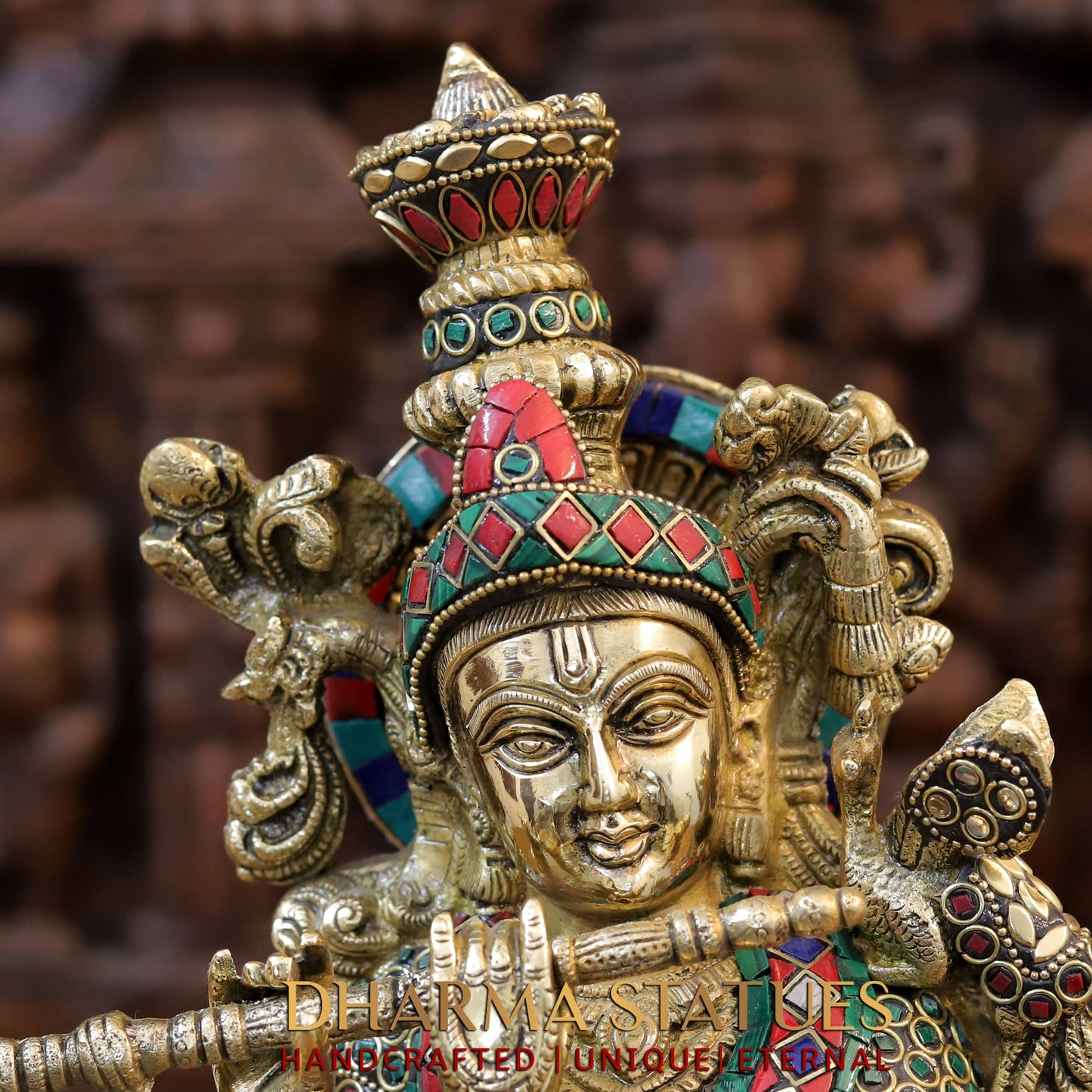 Brass Krishna Statue Playing Flute, Golden Finish & Stonework, 20.5"