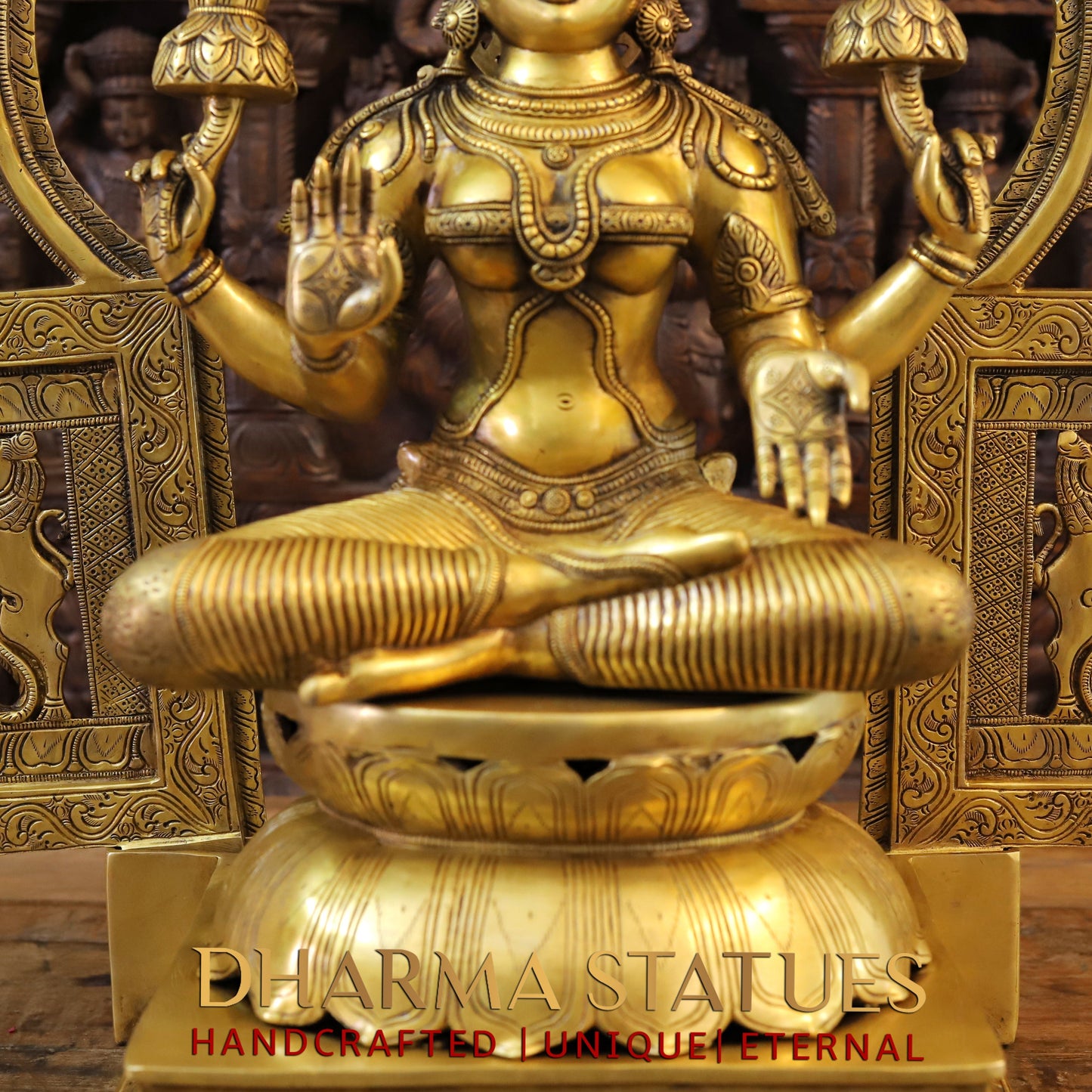 Brass Lakshmi Statue, Seated on a Throne, Fine Golden Finish, 32.5"
