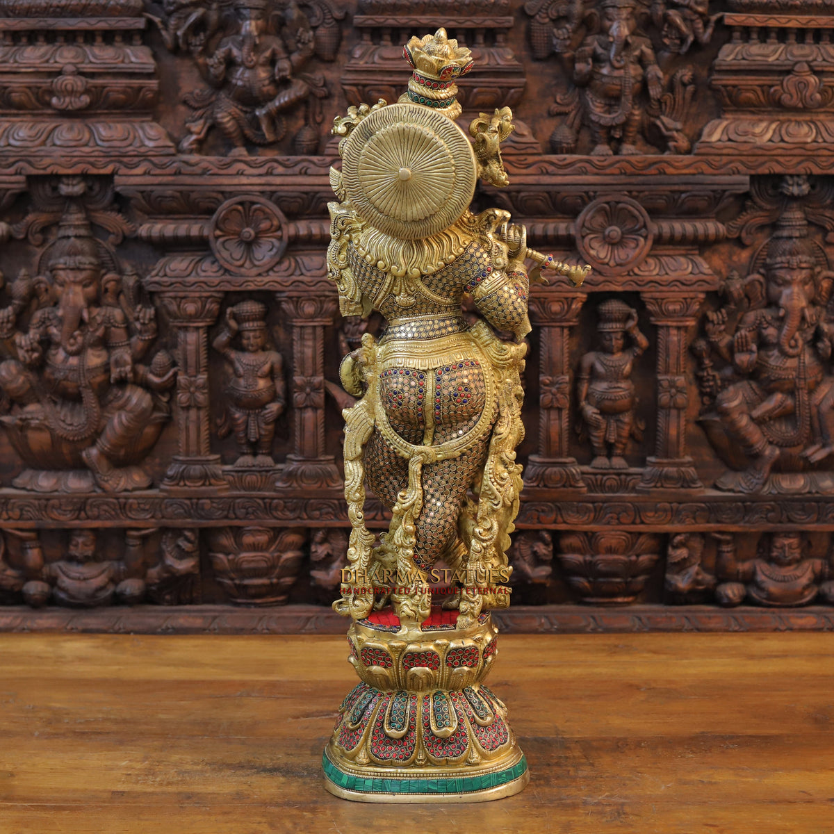 Brass Krishna Statue Playing Flute, Golden Finish & Stonework, 29.5"