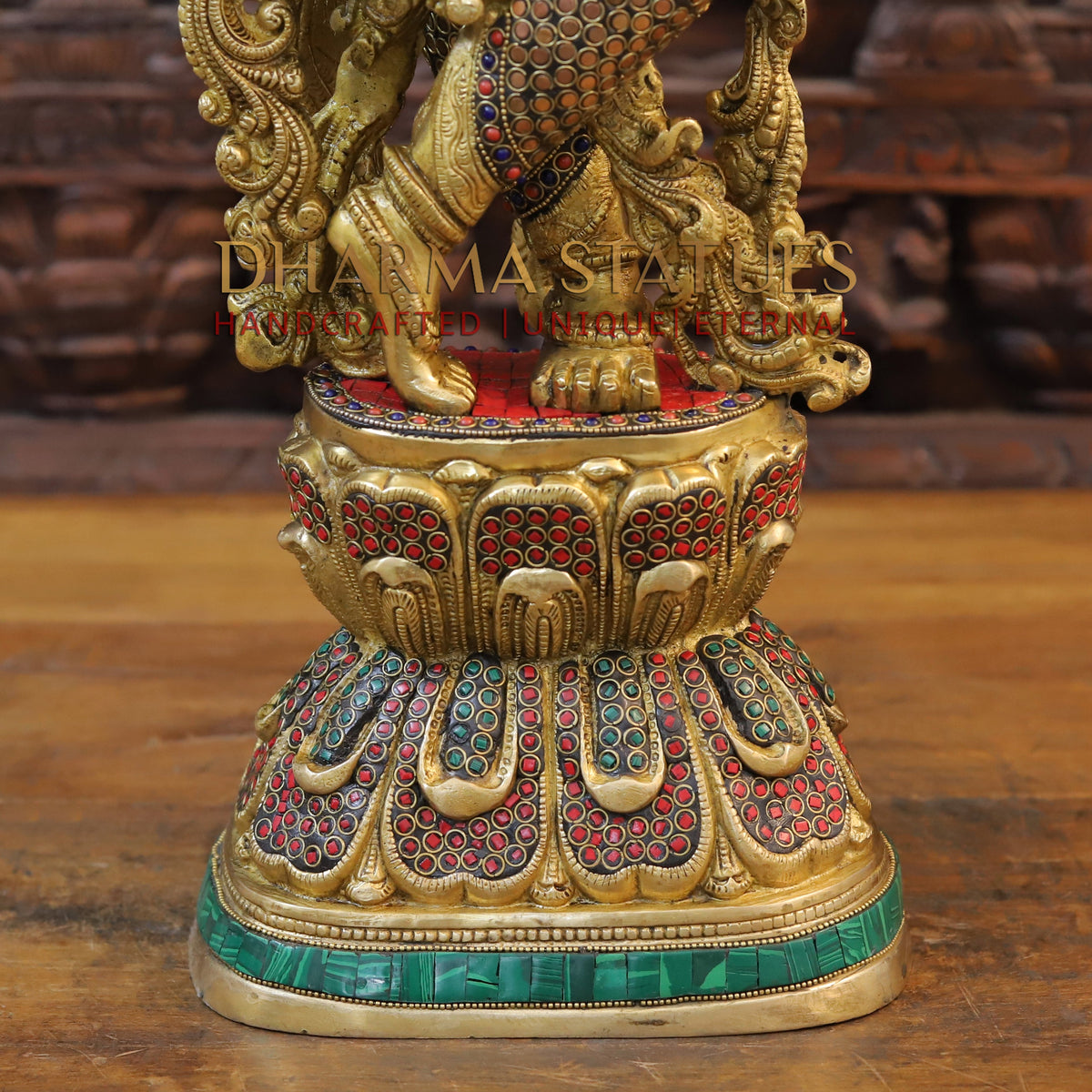 Brass Krishna Statue Playing Flute, Golden Finish & Stonework, 29.5"