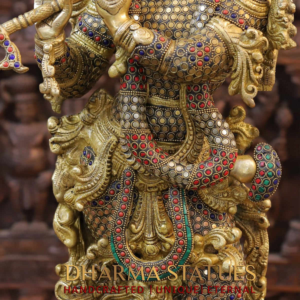 Brass Krishna Statue Playing Flute, Golden Finish & Stonework, 29.5"