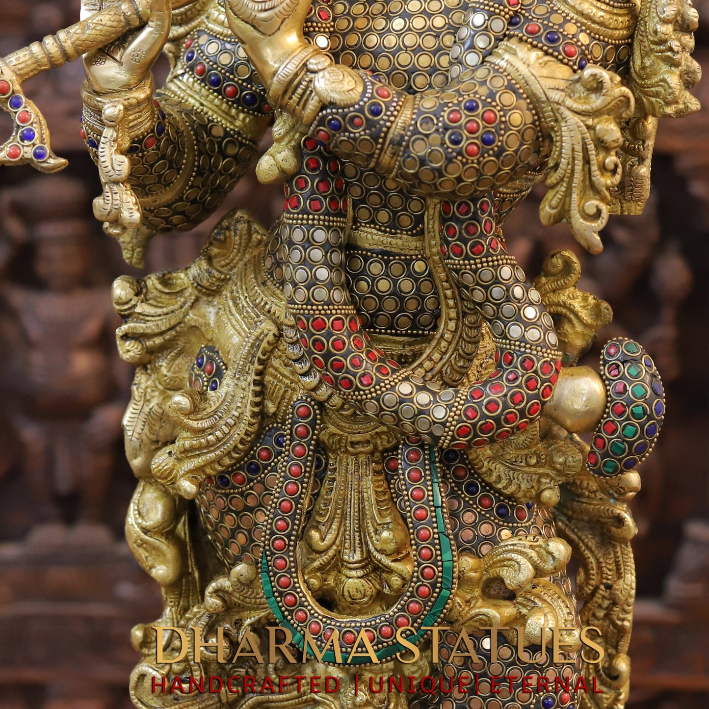 Brass Krishna Statue Playing Flute, Golden Finish & Stonework, 29.5"