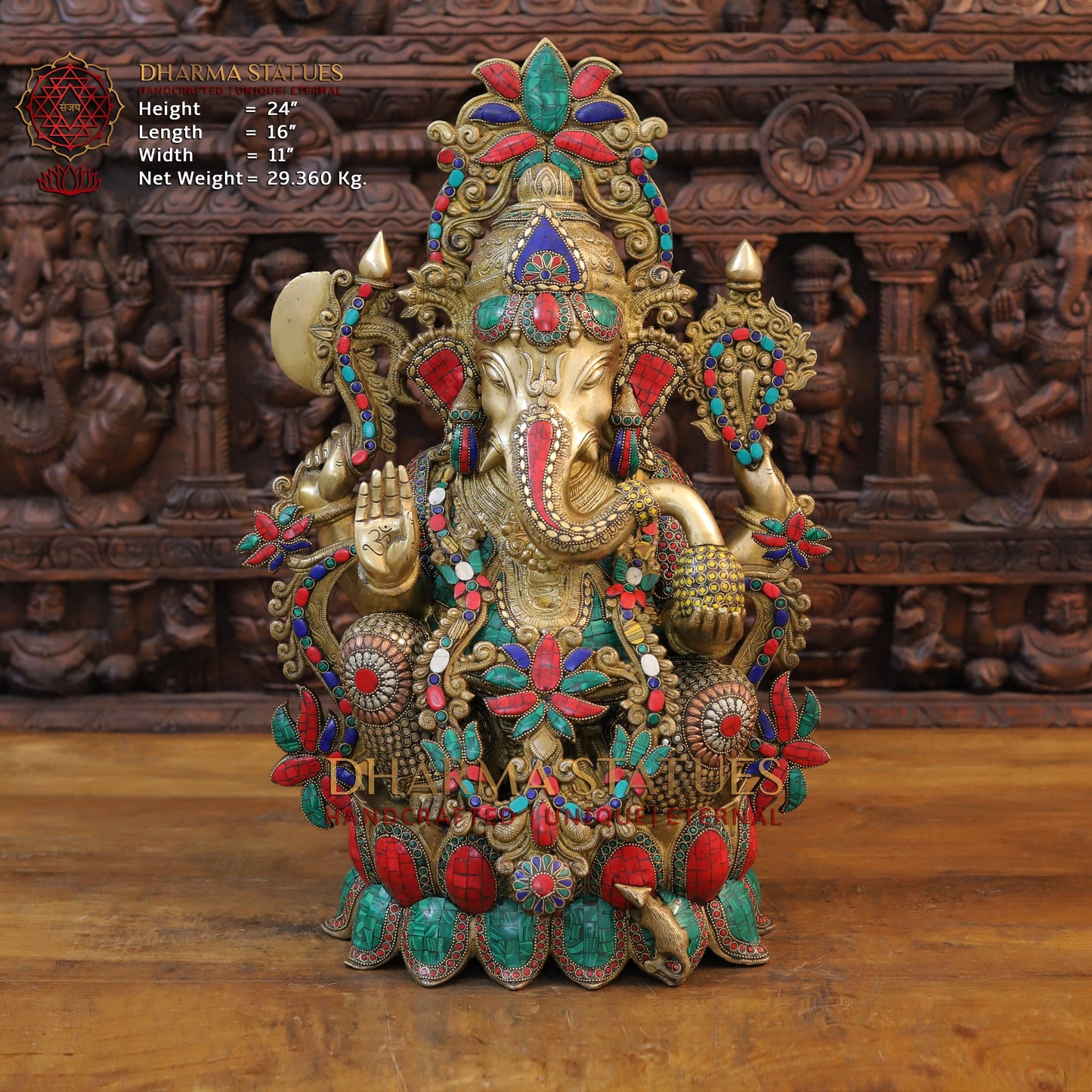 Brass Ganesh Seated with Rat, Golden Finish & Stonework, 24"