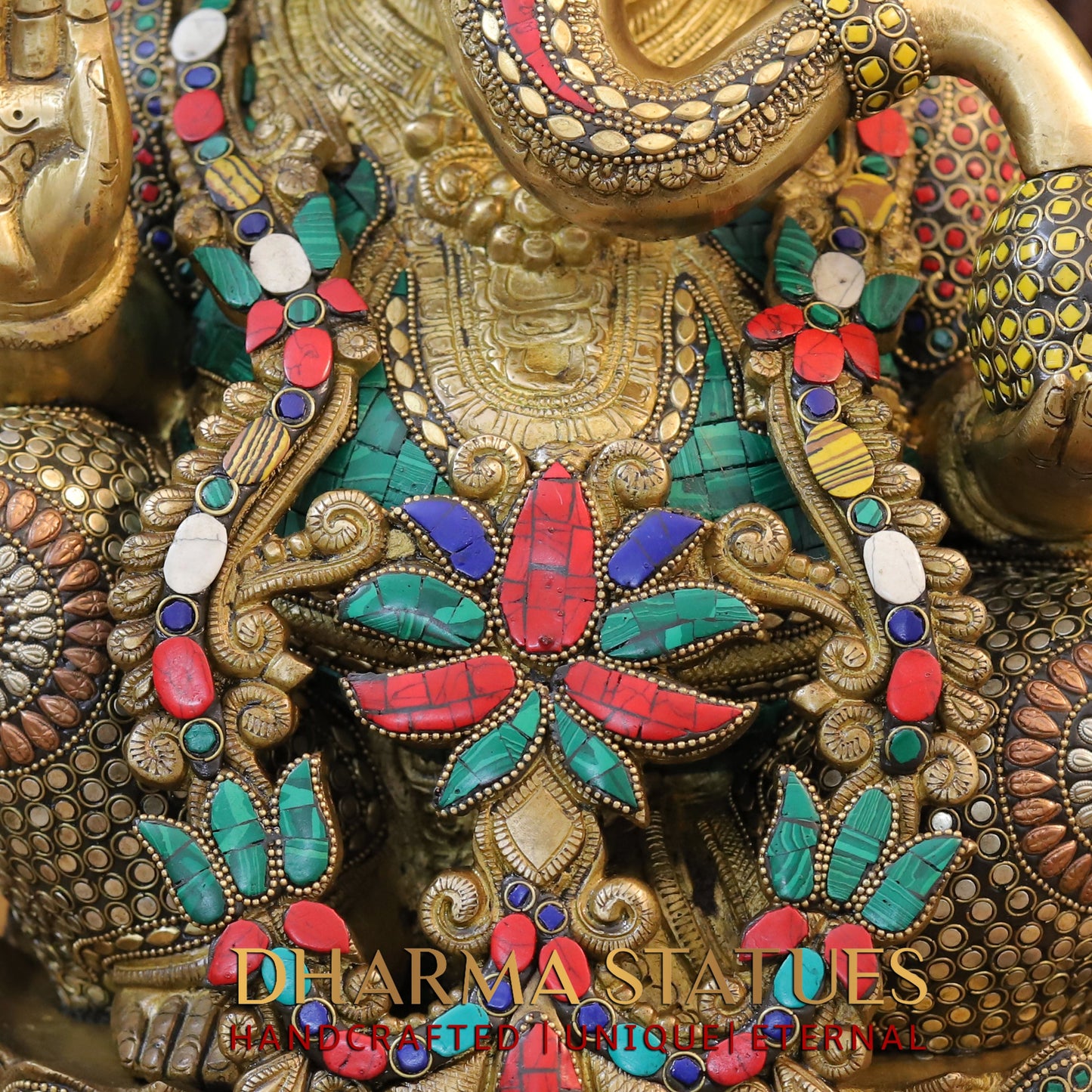 Brass Ganesh Seated with Rat, Golden Finish & Stonework, 24"