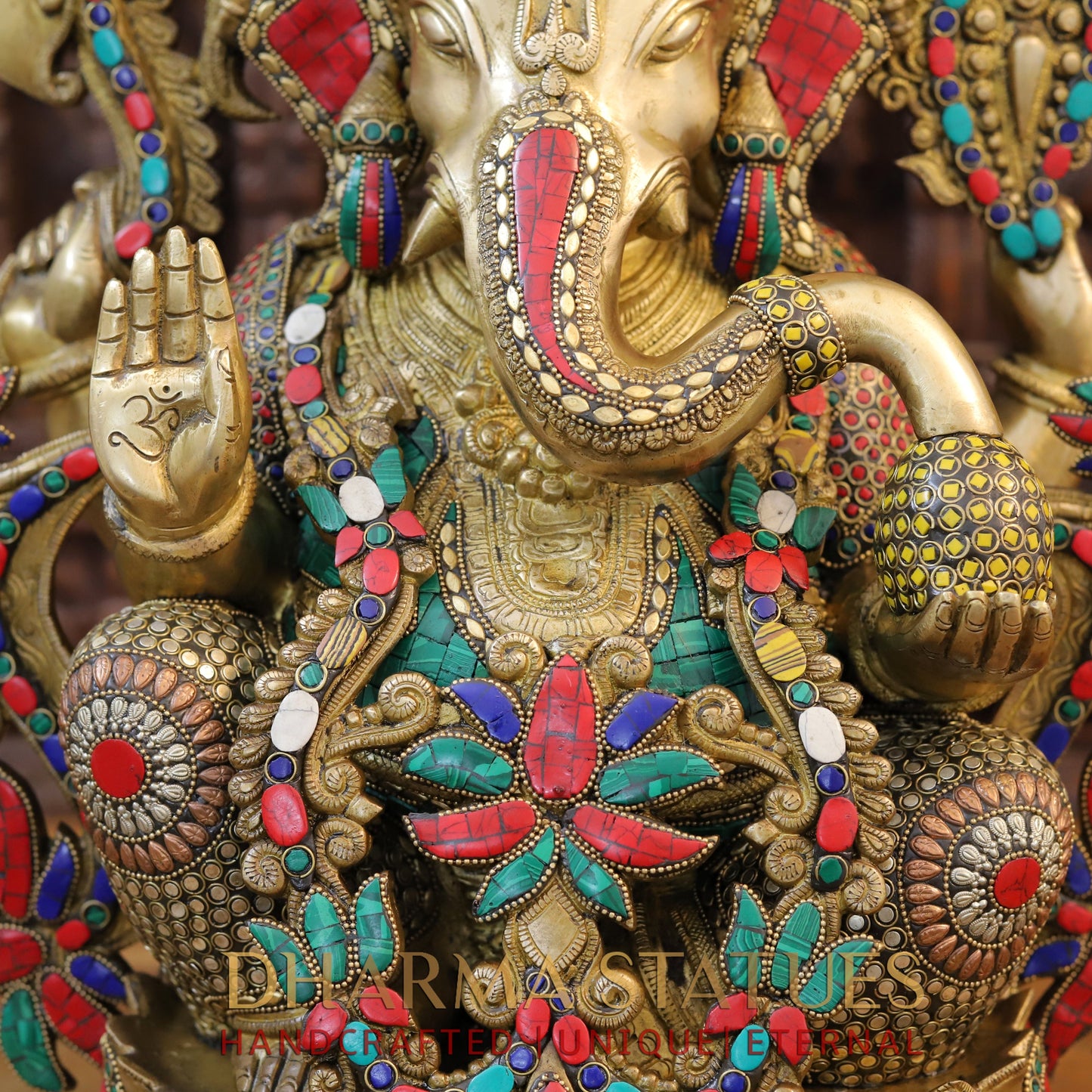 Brass Ganesh Seated with Rat, Golden Finish & Stonework, 24"