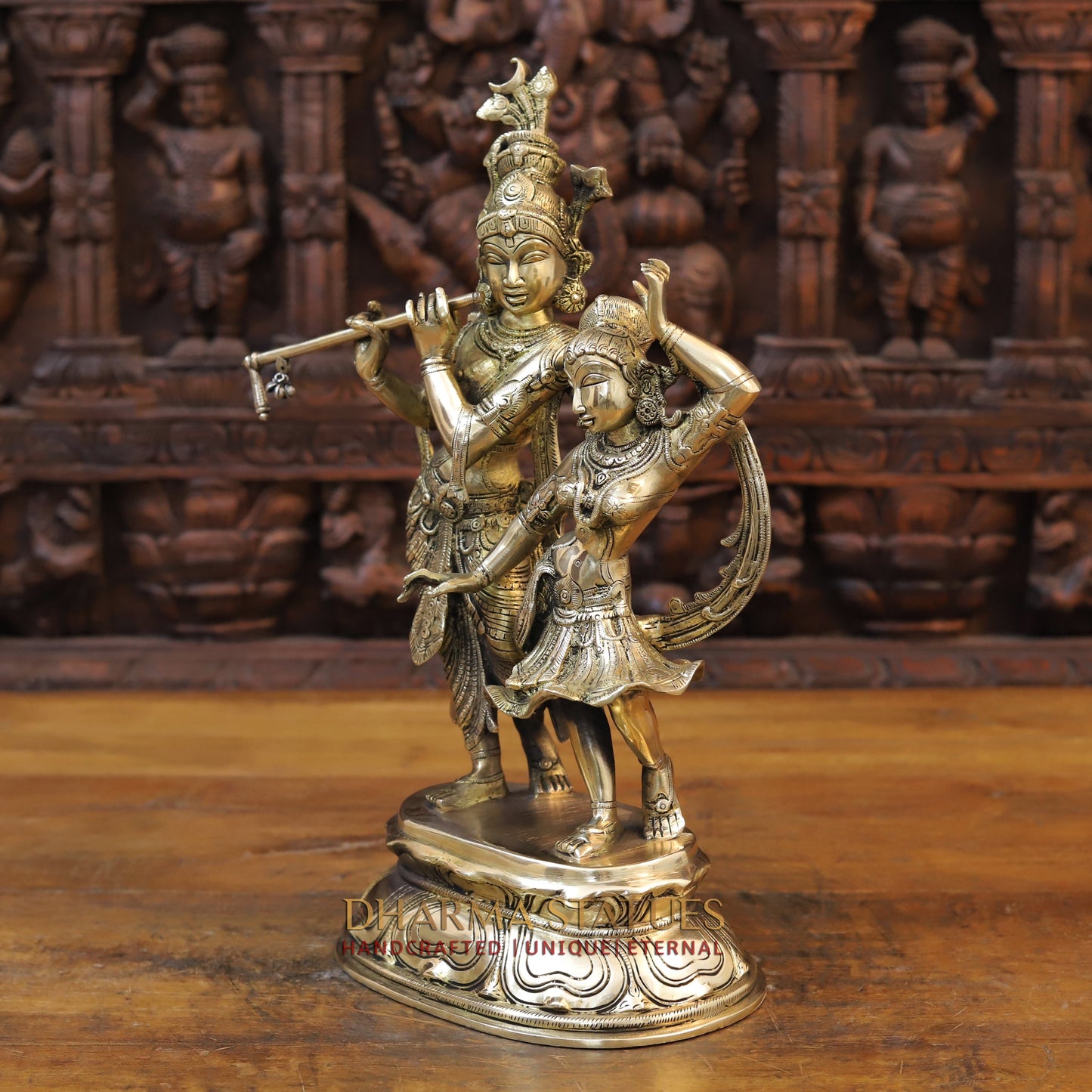 Brass Krishna and Radha in Dancing Moment, Golden Finish, 16.5"
