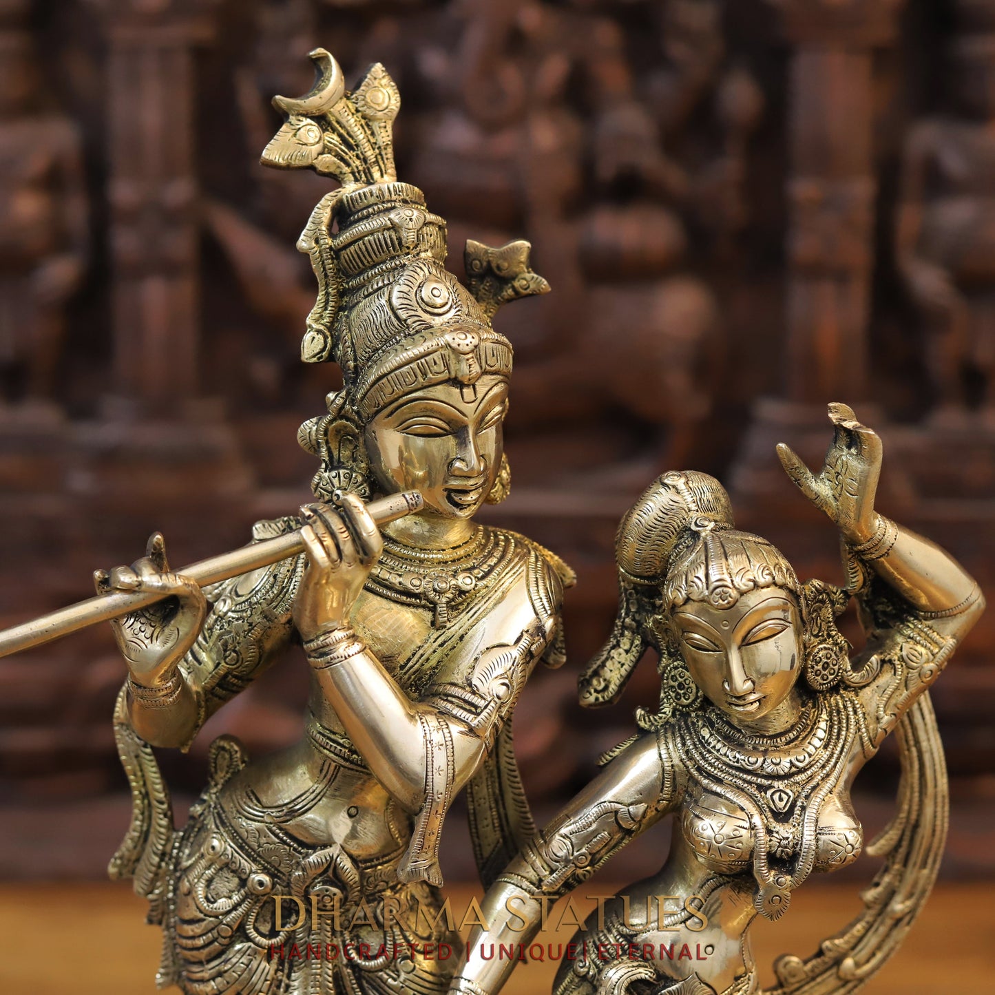Brass Krishna and Radha in Dancing Moment, Golden Finish, 16.5"