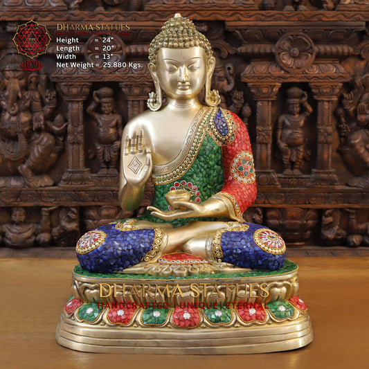 Brass Buddha seated in Blessing Posture, Stonework & Golden Finish, 24"