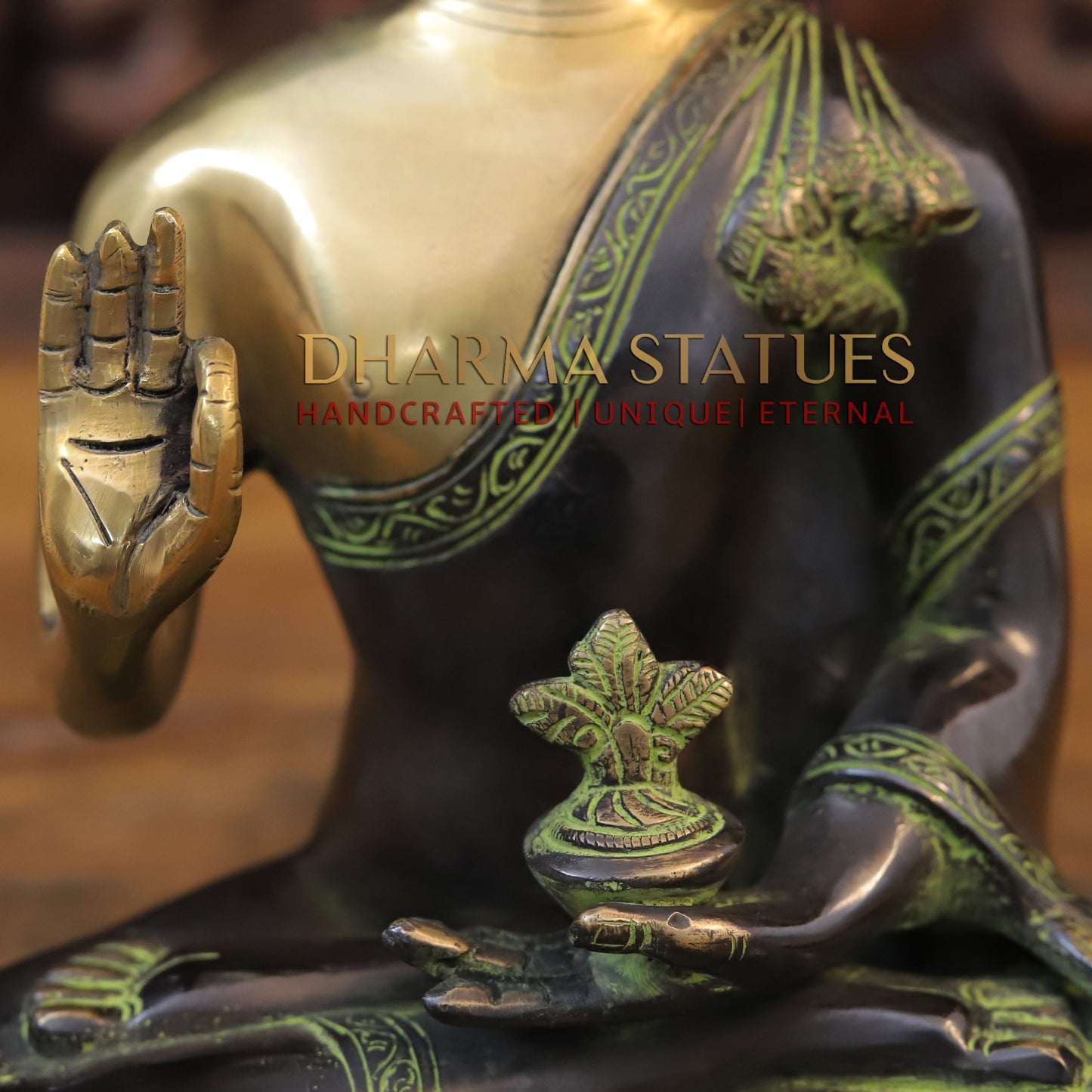 Brass Buddha, Green Tint & Golden Finish, 10.5"