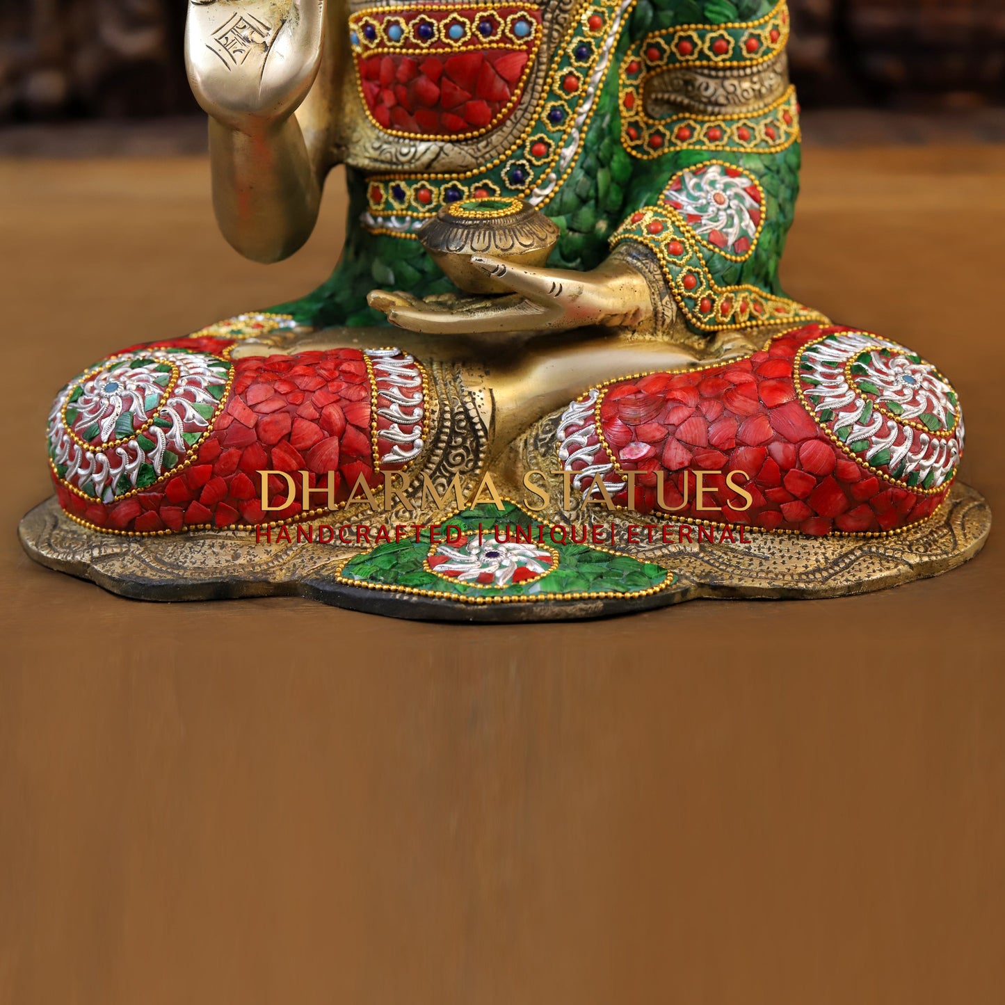 Brass Buddha seated in Blessing Posture, Stonework & Golden Finish, 16"