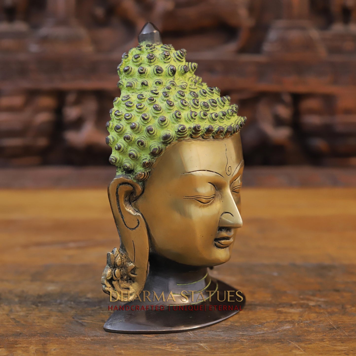 Brass Buddha Head, Green tint & Golden Finish, 8.5"