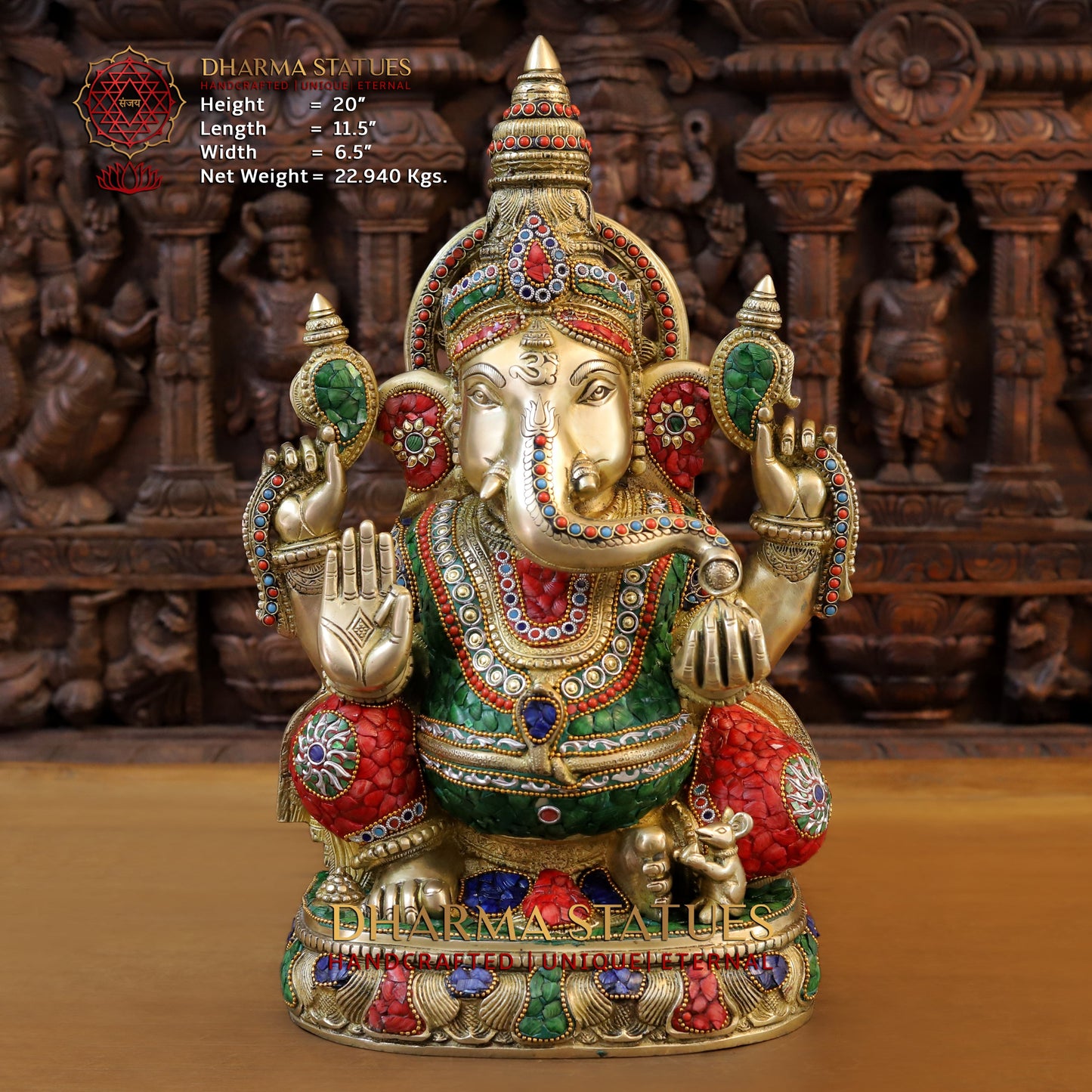 Brass Ganesh seated in Blessing Posture, Stonework & Golden Finish, 20"