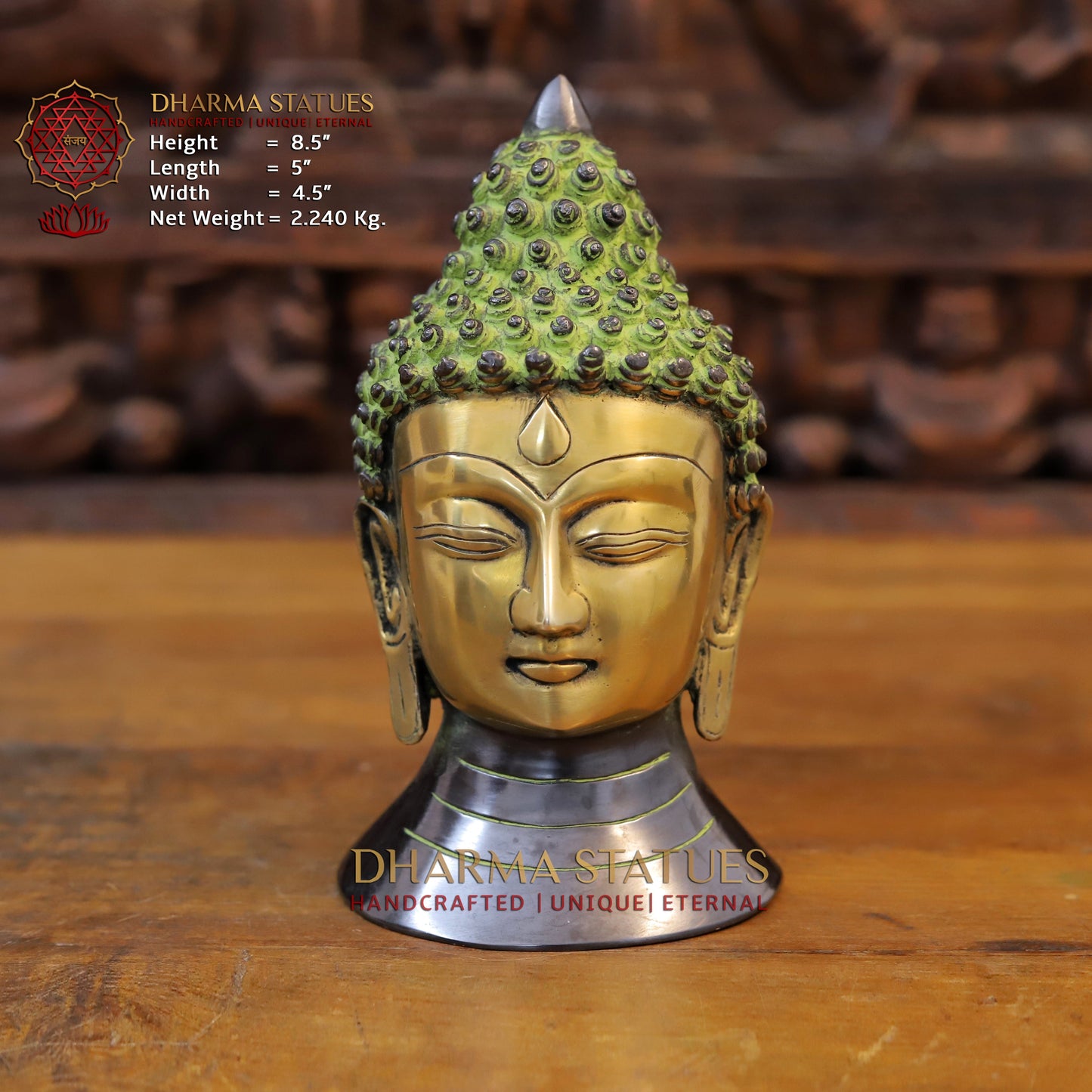 Brass Buddha Head, Green tint & Golden Finish, 8.5"