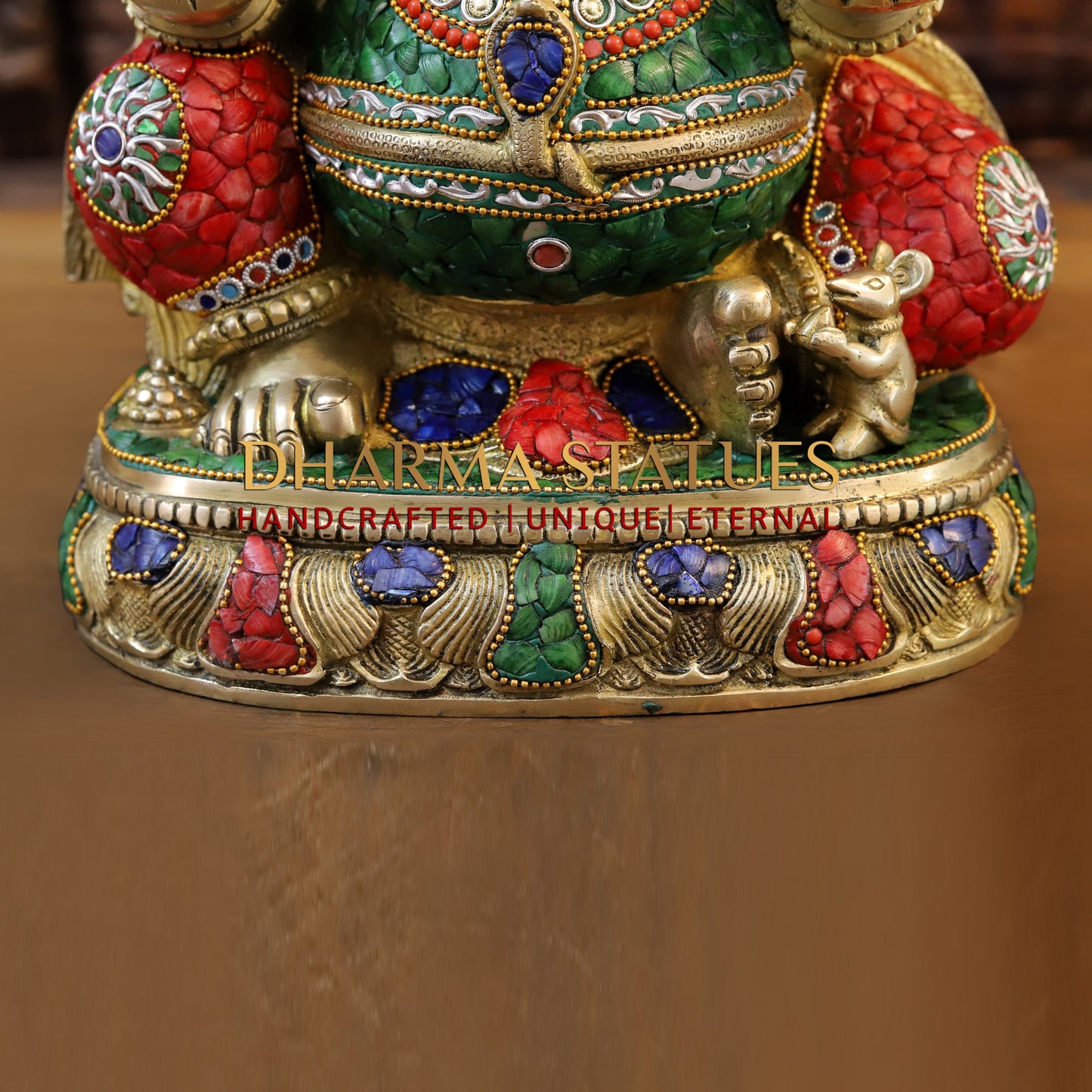 Brass Ganesh seated in Blessing Posture, Stonework & Golden Finish, 20"