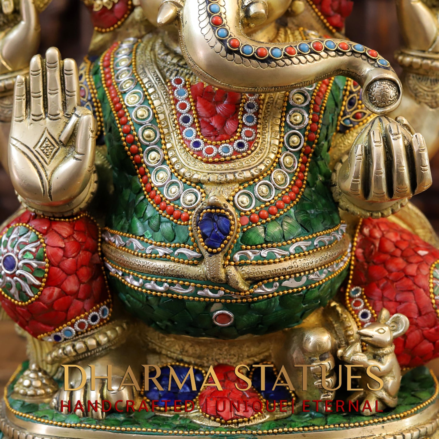 Brass Ganesh seated in Blessing Posture, Stonework & Golden Finish, 20"