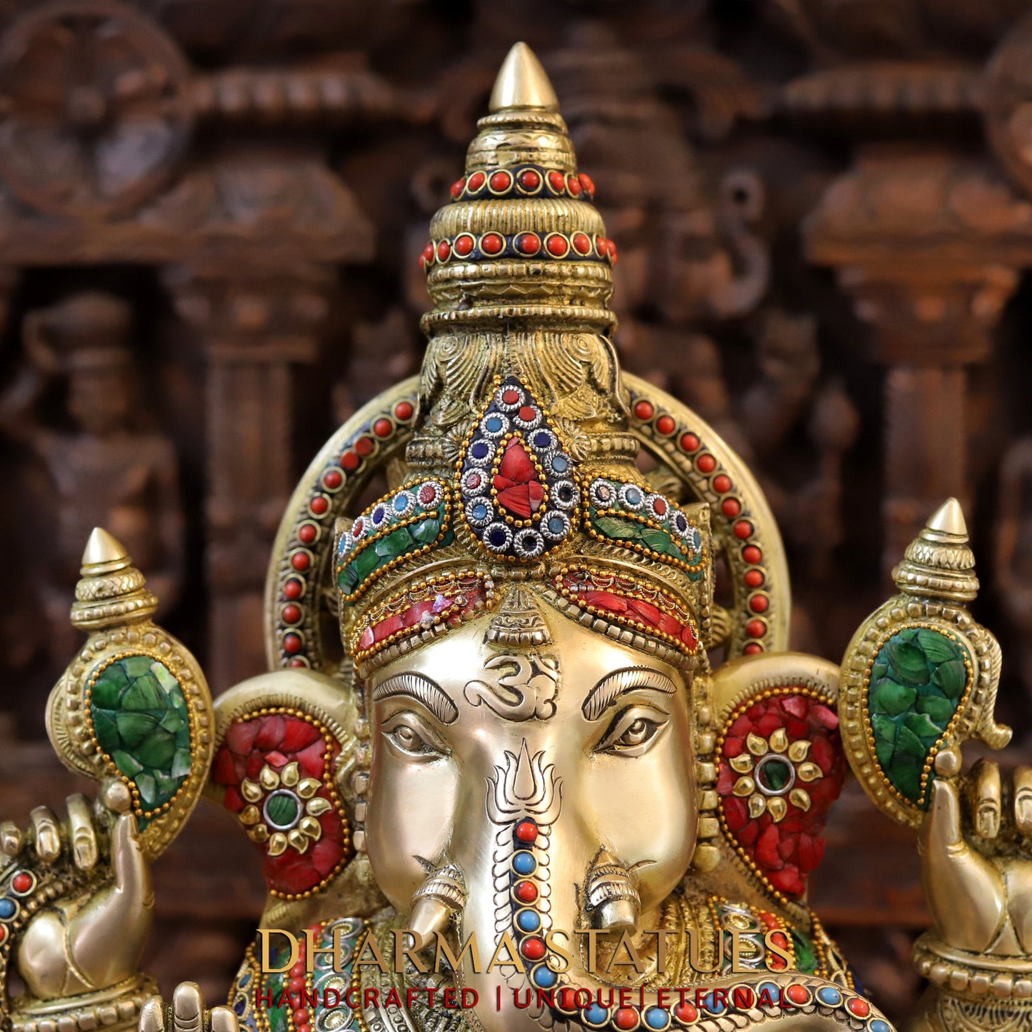 Brass Ganesh seated in Blessing Posture, Stonework & Golden Finish, 20"