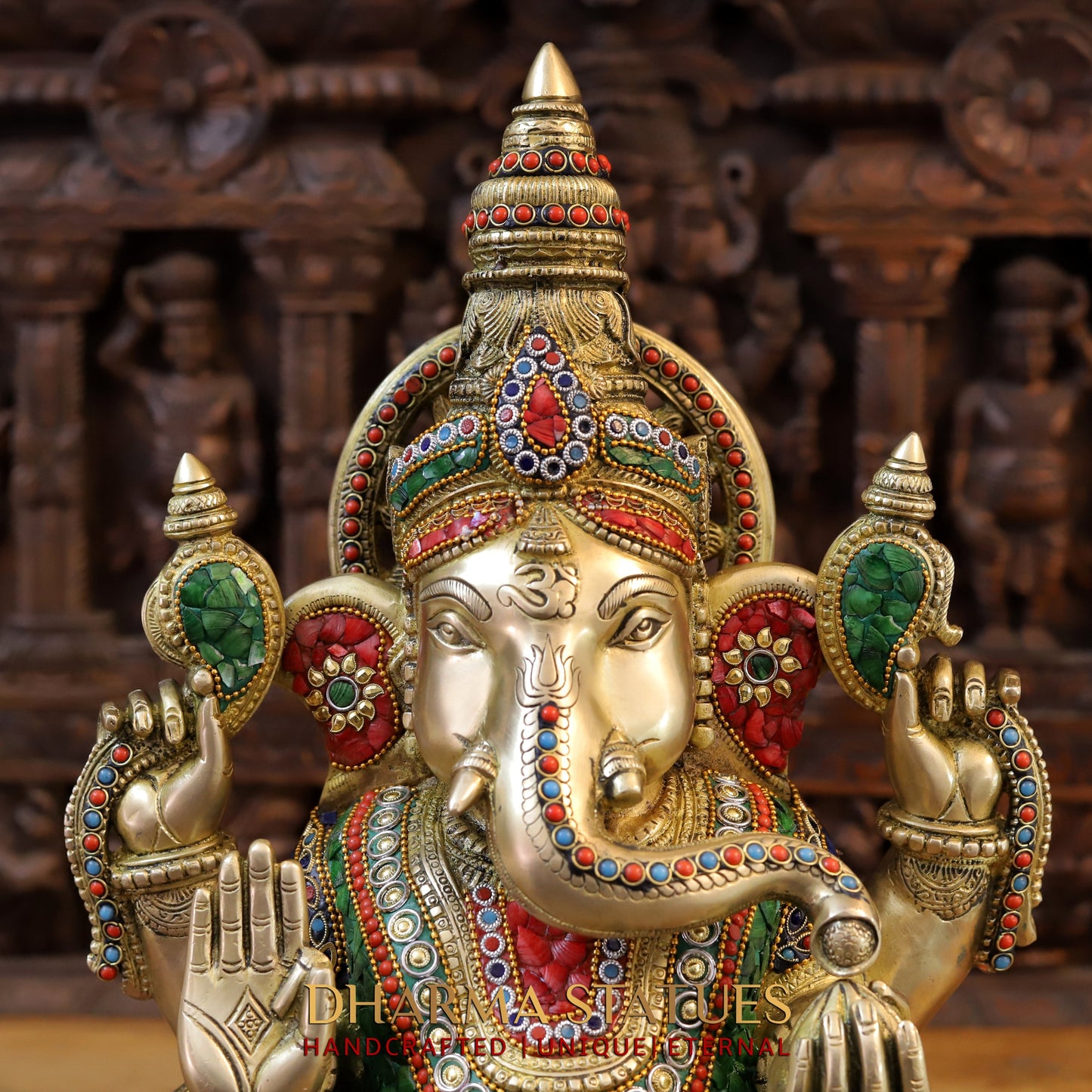 Brass Ganesh seated in Blessing Posture, Stonework & Golden Finish, 20"