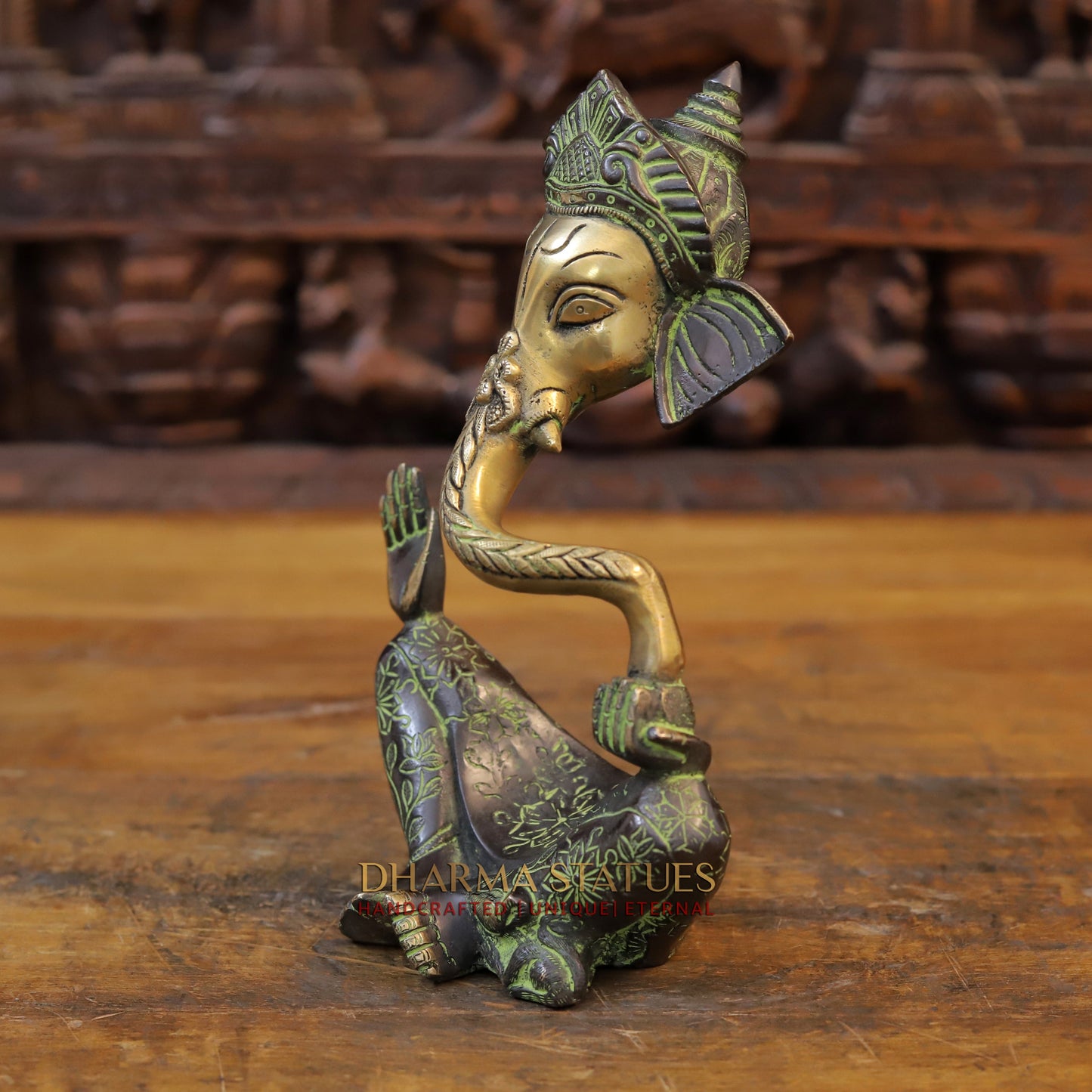 Brass Modern Ganesh, Golden Finish with Green Tint, 10"