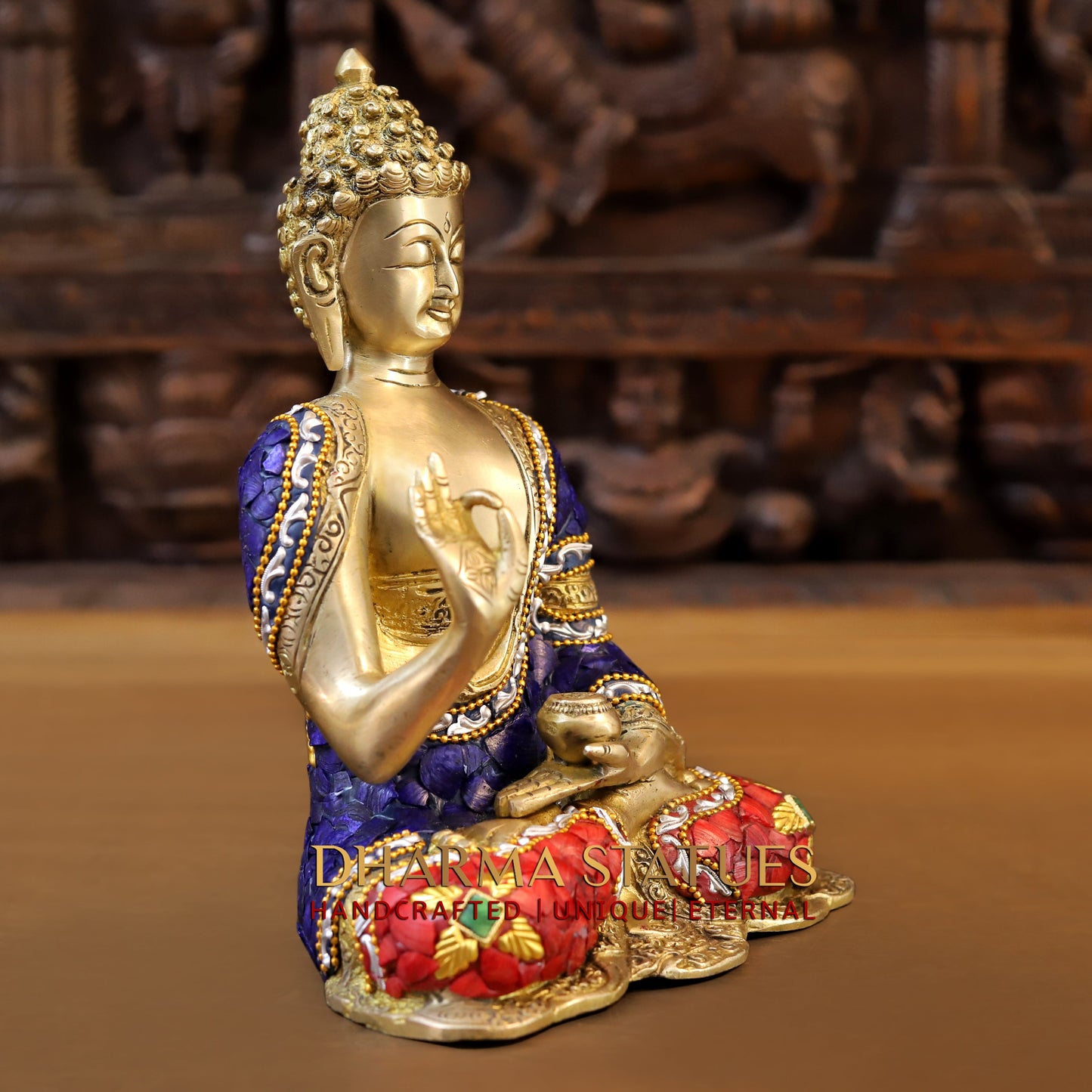 Brass Buddha seated in Blessing Posture, Stonework & Golden Finish, 10"