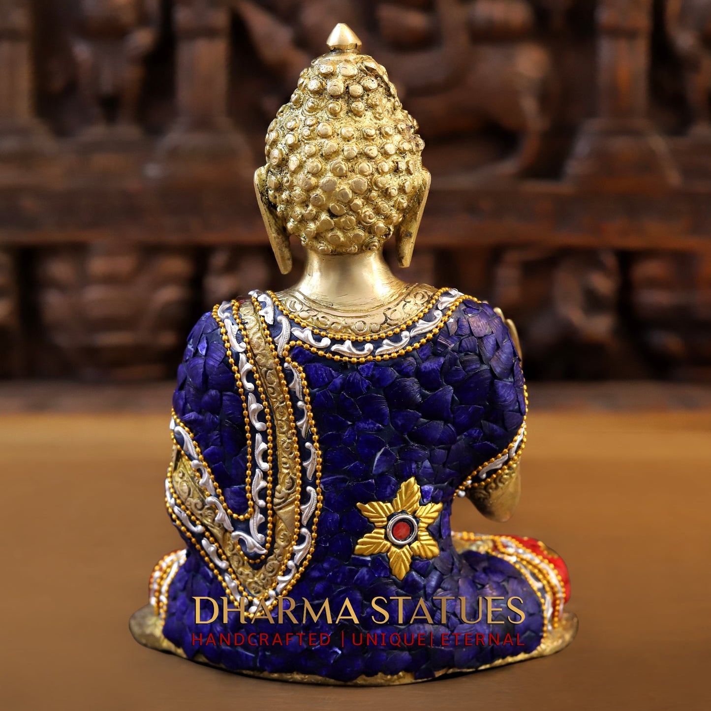 Brass Buddha seated in Blessing Posture, Stonework & Golden Finish, 10"