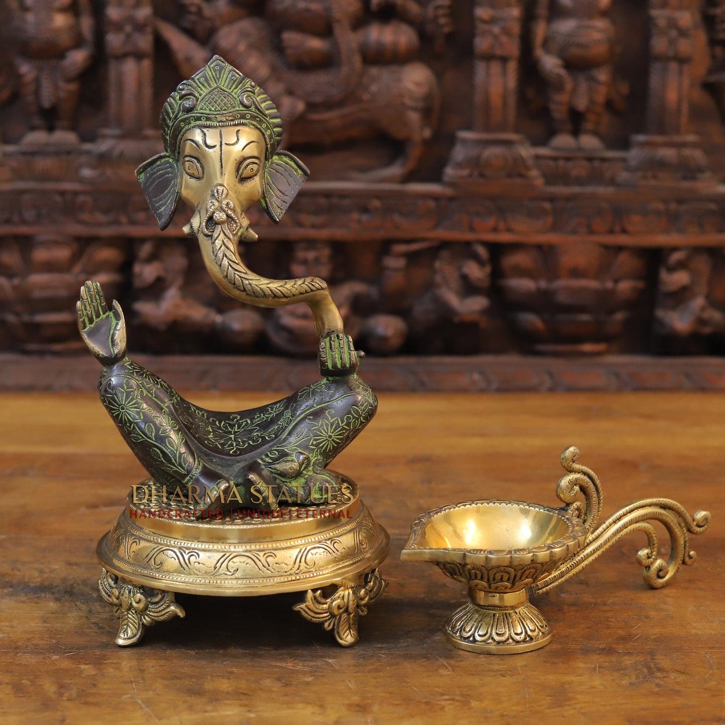 Brass Modern Ganesh, Golden Finish with Green Tint, 10"