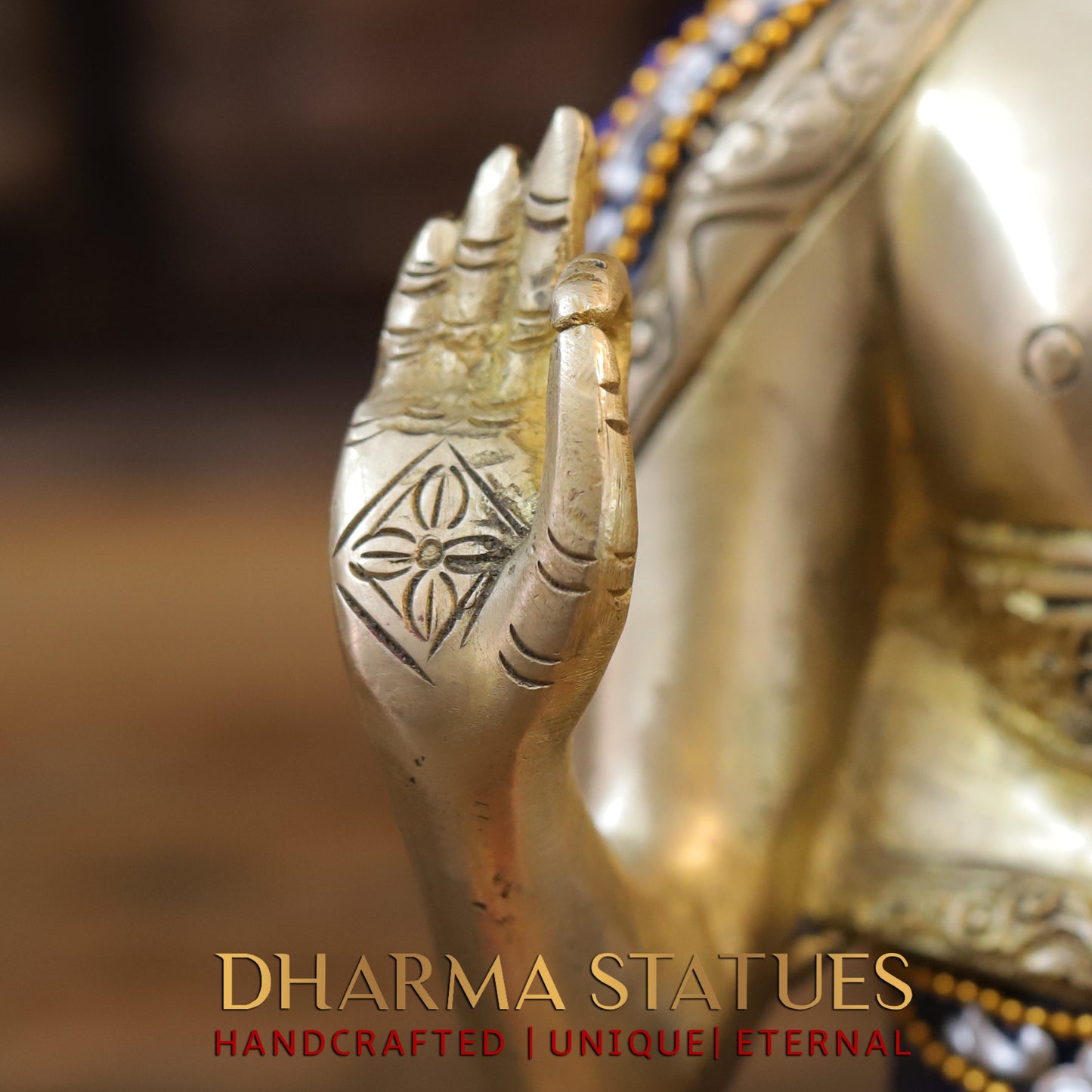 Brass Buddha seated in Blessing Posture, Stonework & Golden Finish, 10"