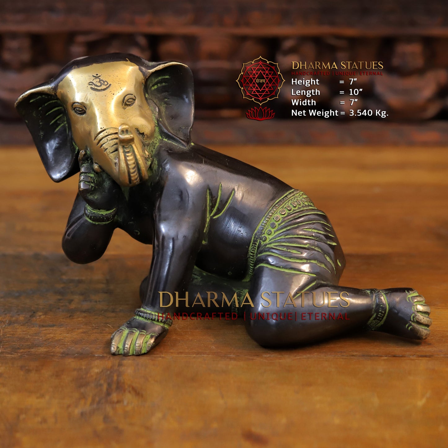 Brass Crawling Ganesh, Golden & Copper Finish with Green tint, 7"
