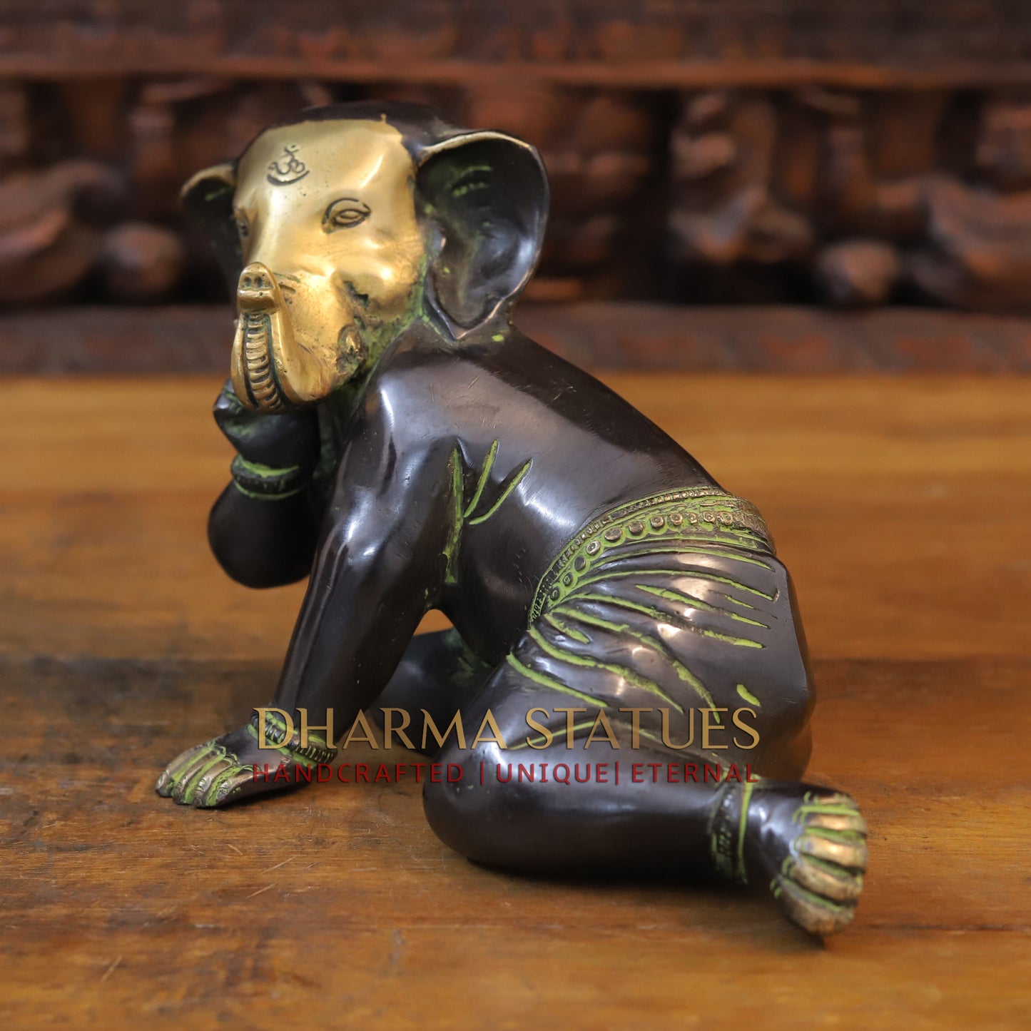 Brass Crawling Ganesh, Golden & Copper Finish with Green tint, 7"