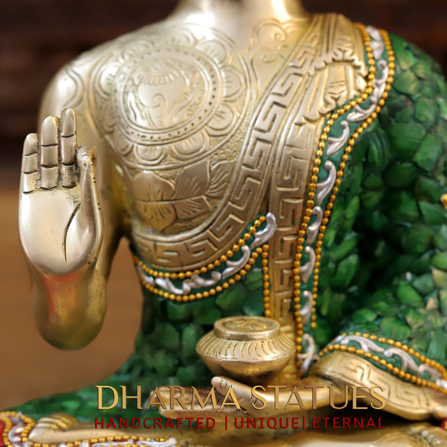 Brass Buddha seated in Blessing Posture, Stonework & Golden Finish, 12.5"
