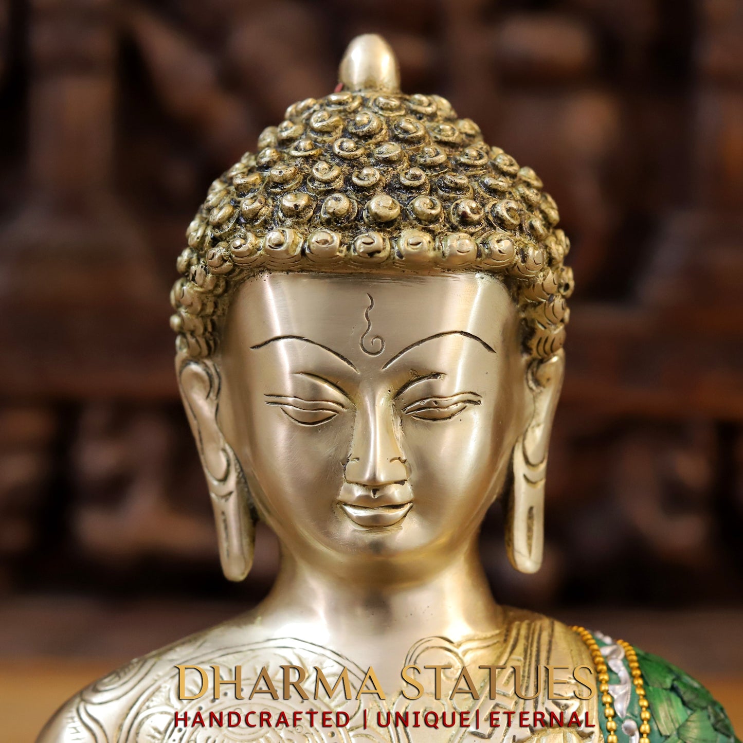 Brass Buddha seated in Blessing Posture, Stonework & Golden Finish, 12.5"
