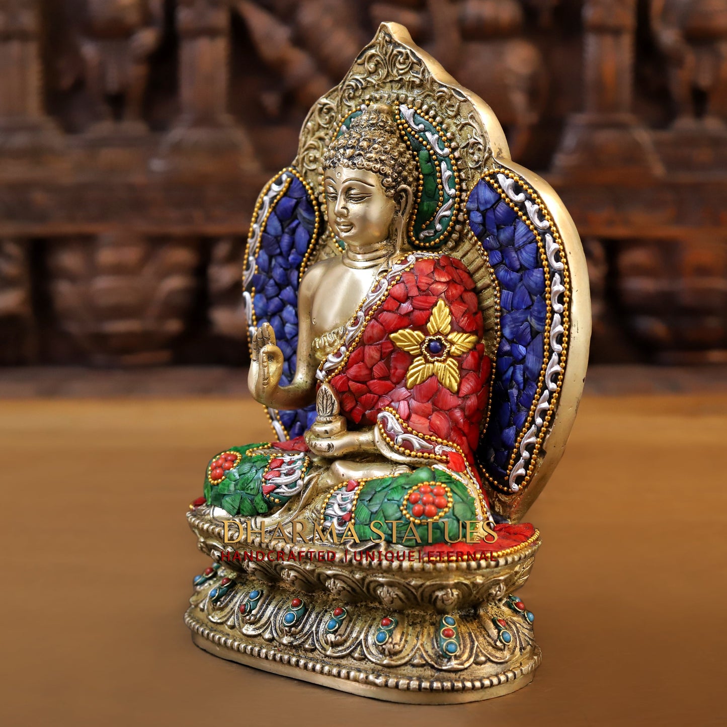 Brass Buddha seated in Blessing Posture, Stonework & Golden Finish, 10.5"