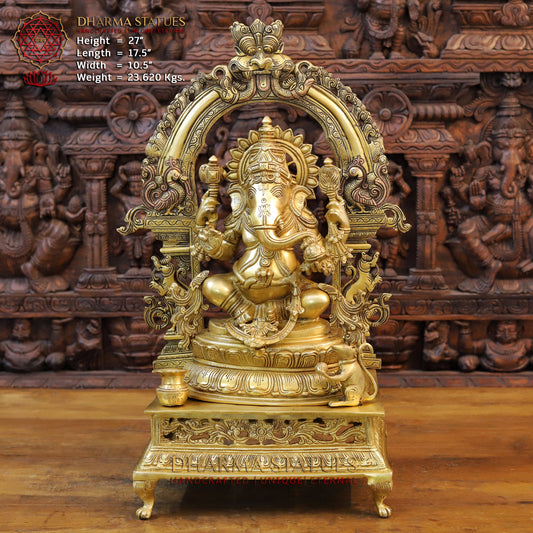 Brass Ganesh Seated on Throne with Frame, Fine Golden Frame, 27"