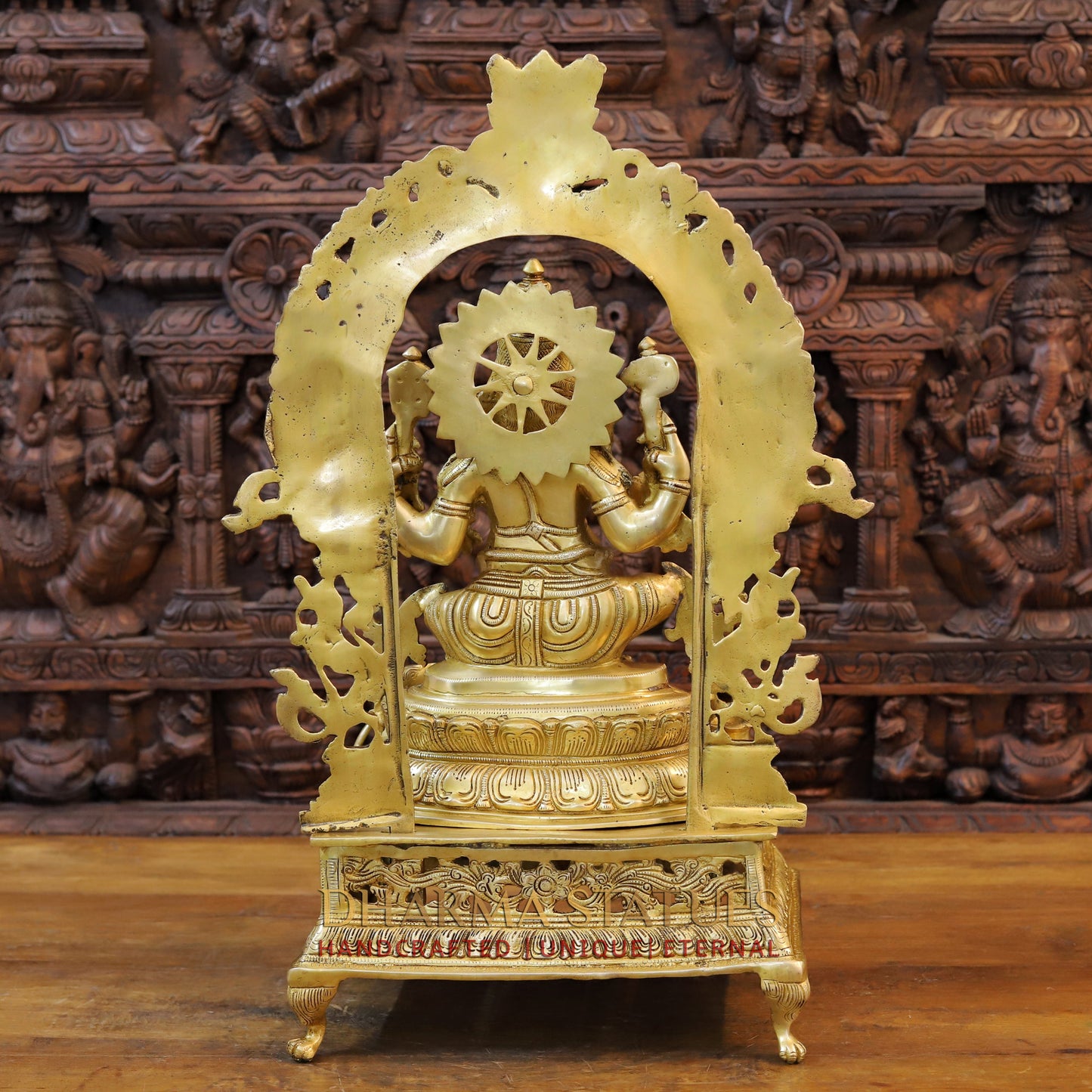 Brass Ganesh Seated on Throne with Frame, Fine Golden Frame, 27"