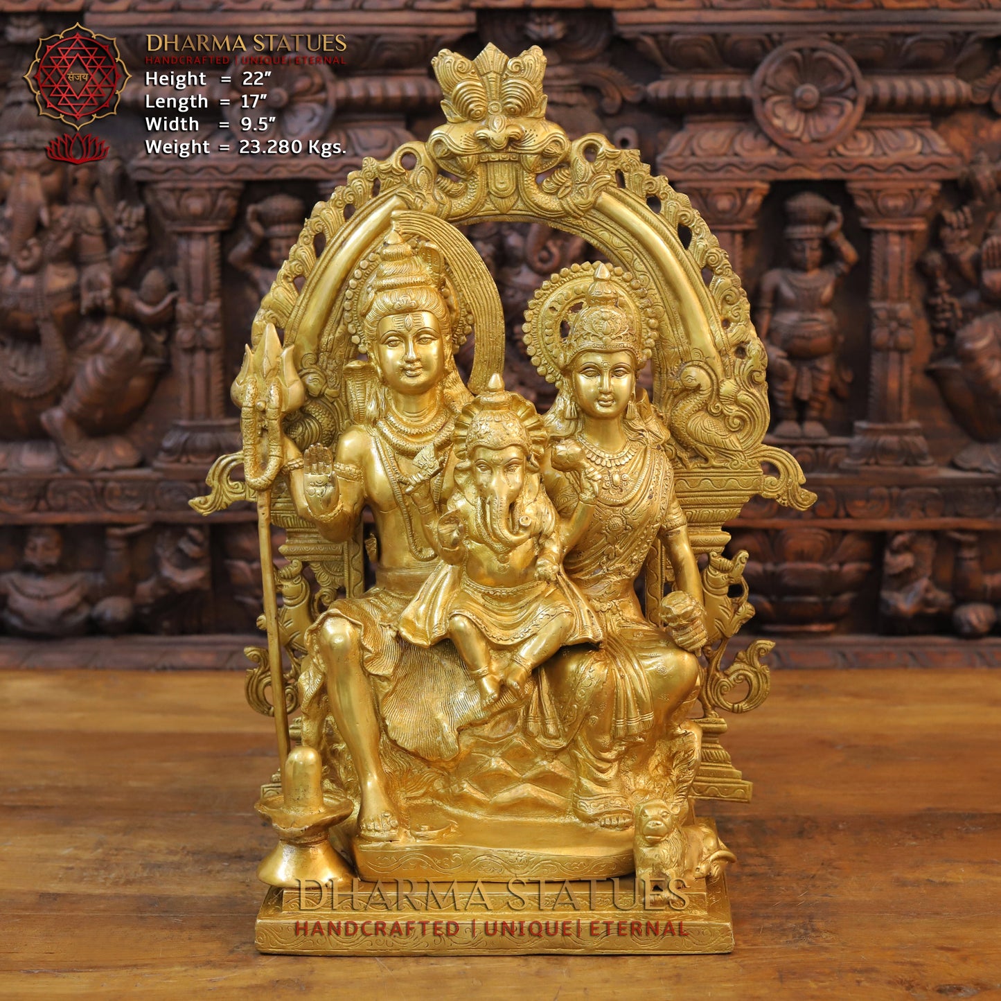 Brass Shiva Family with Ganesh &  Parvati on Kailash Mountain, Fine Golden Finish, 22"