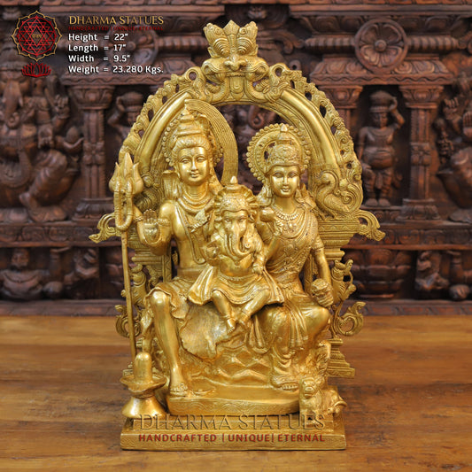 Brass Shiva Family with Ganesh &  Parvati on Kailash Mountain, Fine Golden Finish, 22"