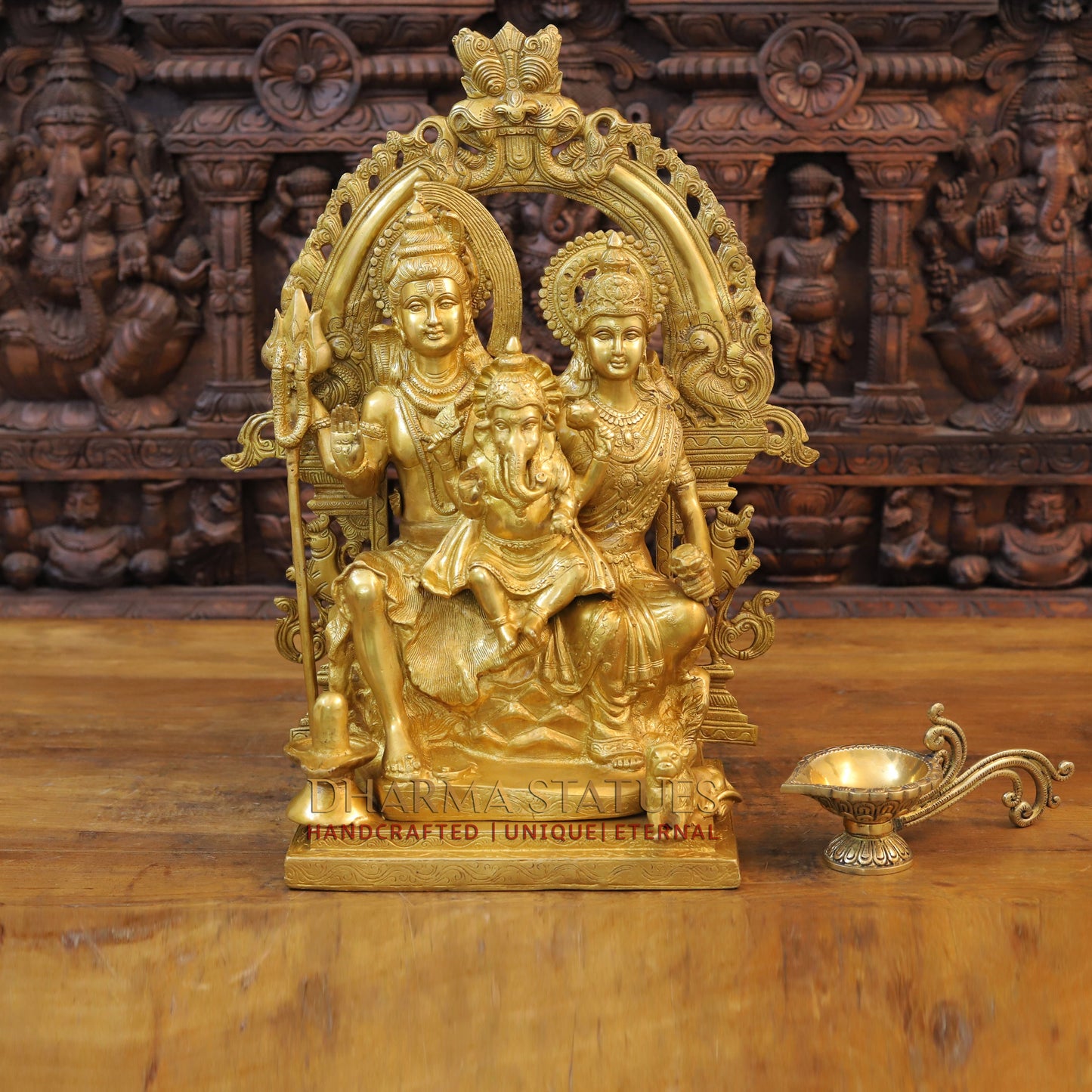 Brass Shiva Family with Ganesh &  Parvati on Kailash Mountain, Fine Golden Finish, 22"