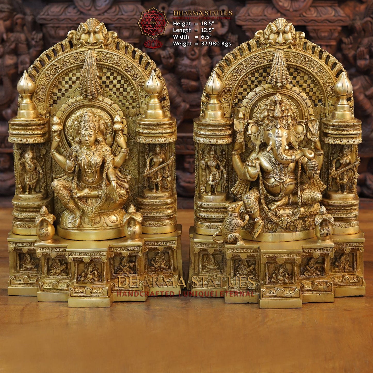 Brass Laxshmi & Ganesh Seated in Temple with rat, Special Gold, 18.5"